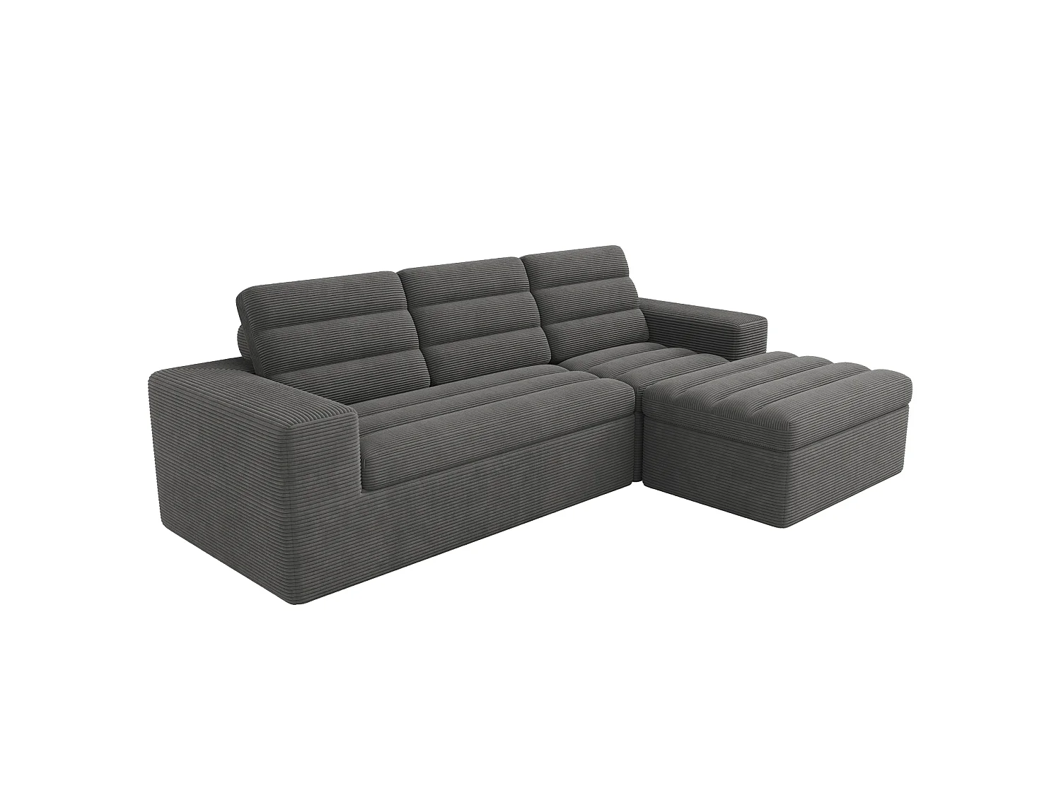 Sofá de canto modular de 3 lugares com pufe, sem necessidade de montagem - Veludo cotelê cinzento escuro