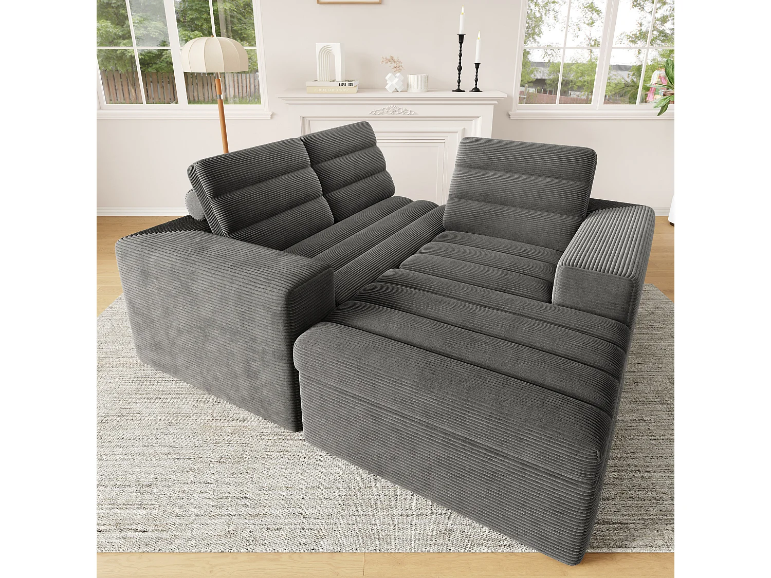 Sofá de canto modular de 3 lugares com pufe, sem necessidade de montagem - Veludo cotelê cinzento escuro