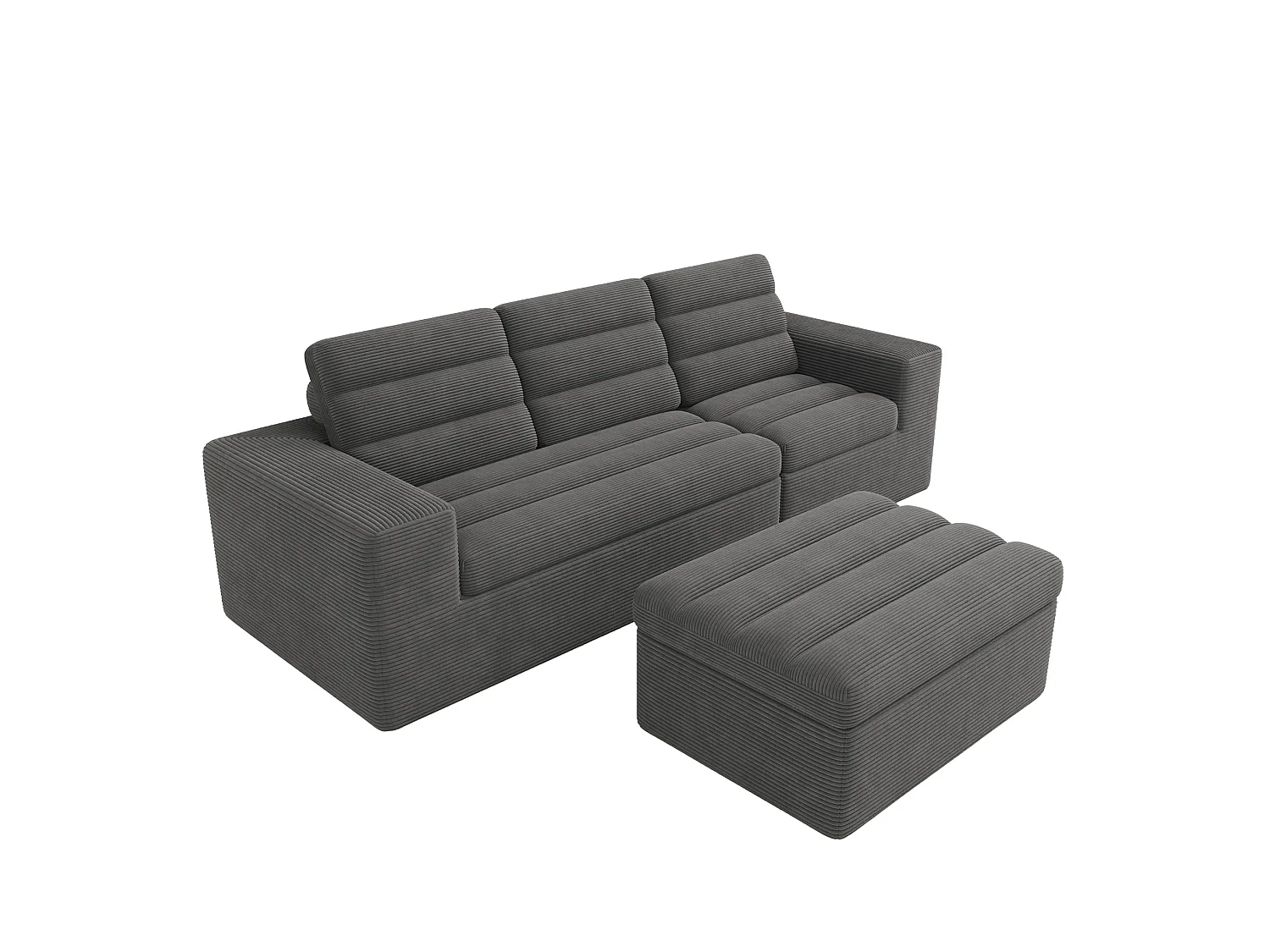 Sofá de canto modular de 3 lugares com pufe, sem necessidade de montagem - Veludo cotelê cinzento escuro