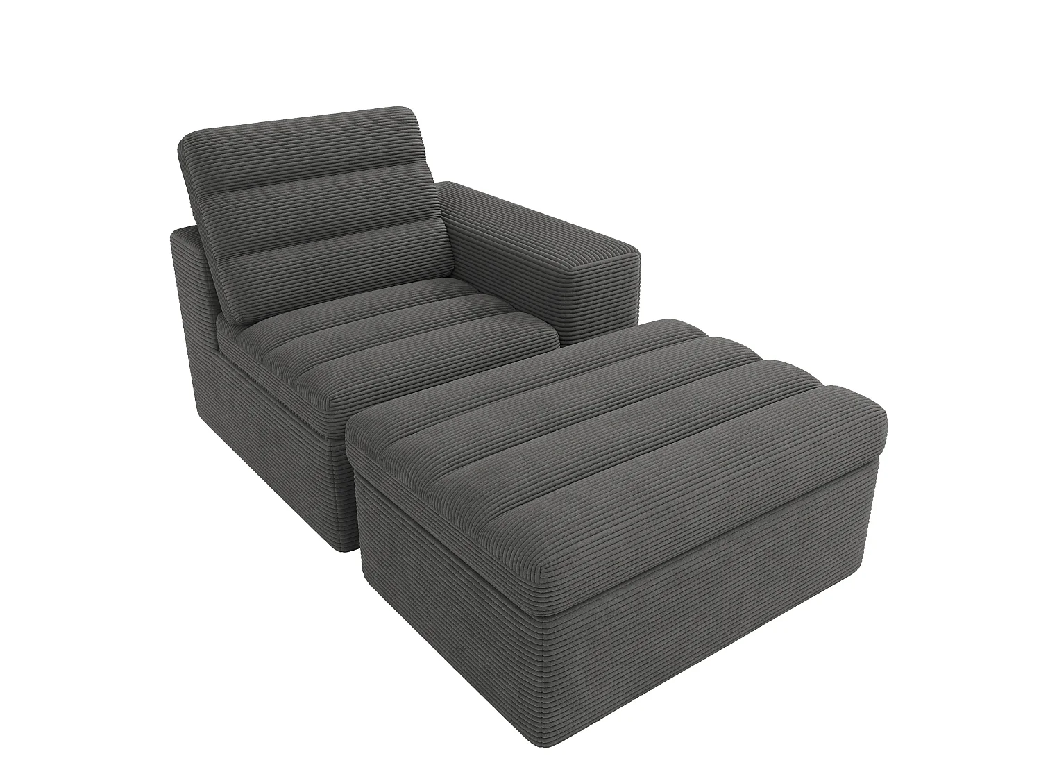 Sofá de canto modular de 3 lugares com pufe, sem necessidade de montagem - Veludo cotelê cinzento escuro