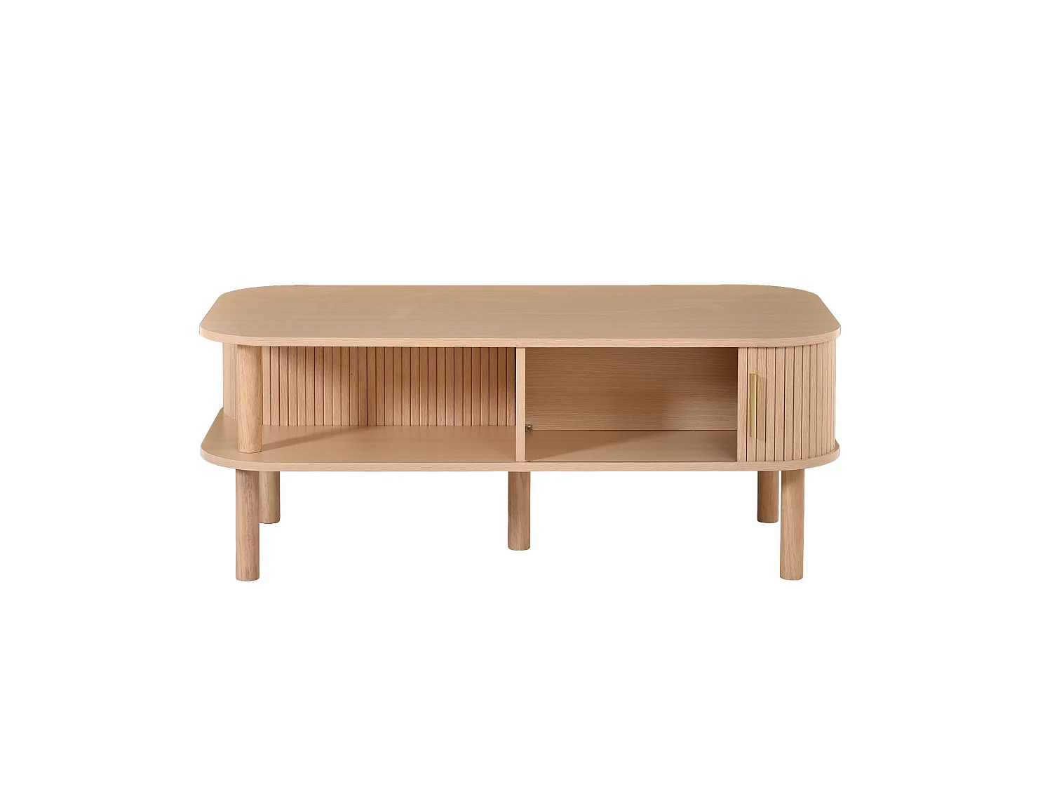 Natuurlijke salontafel met schuifdeuren en open planken