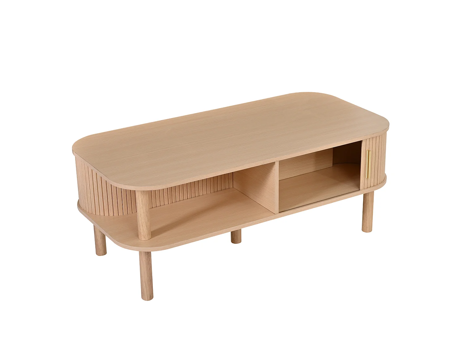 Natuurlijke salontafel met schuifdeuren en open planken