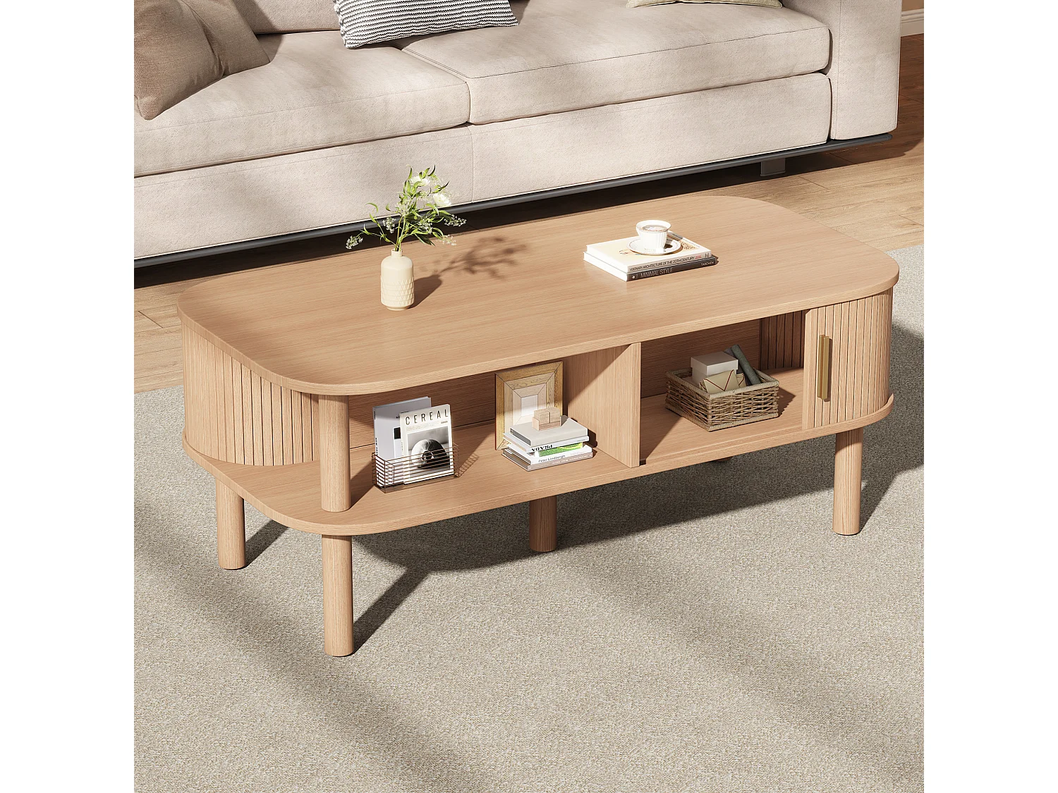 Natuurlijke salontafel met schuifdeuren en open planken
