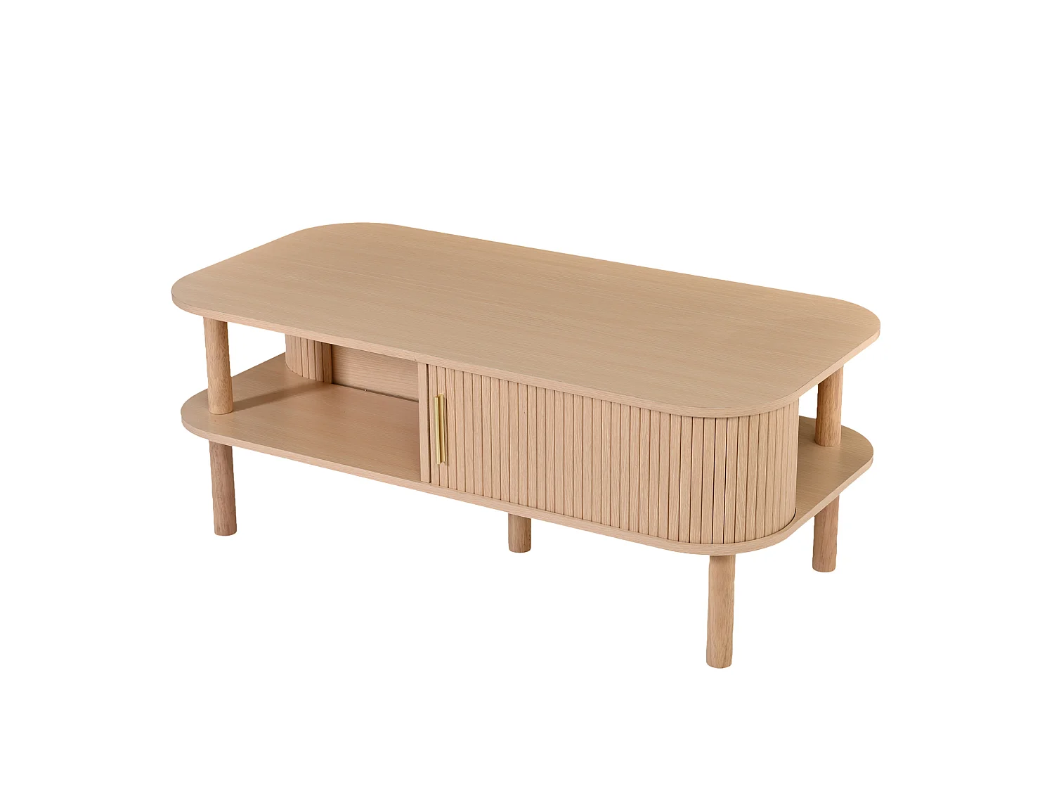 Natuurlijke salontafel met schuifdeuren en open planken