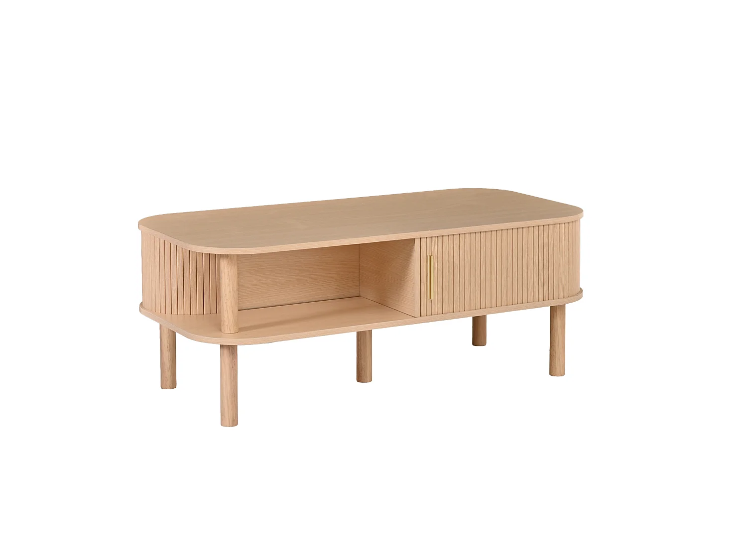 Natuurlijke salontafel met schuifdeuren en open planken