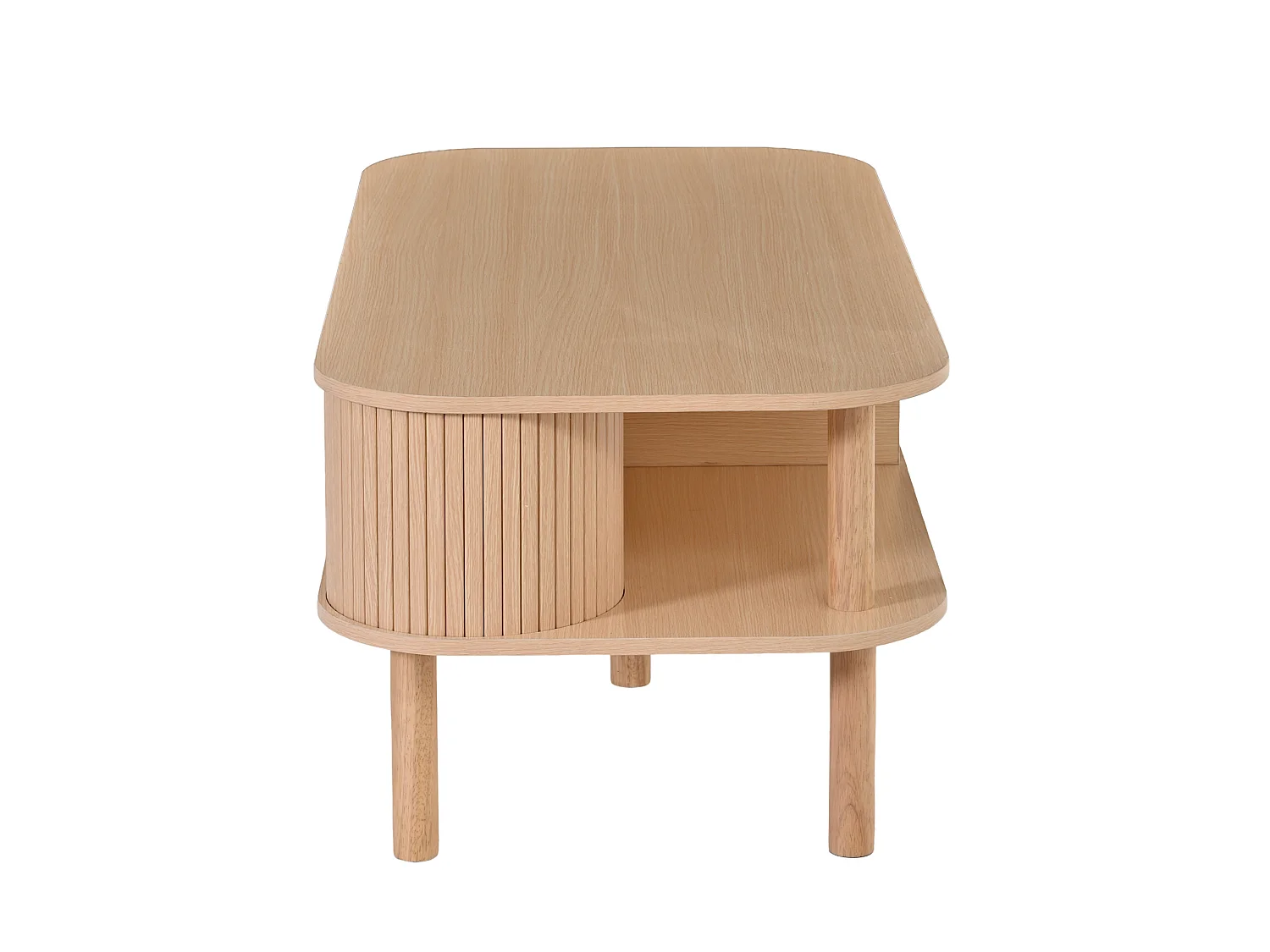Natuurlijke salontafel met schuifdeuren en open planken