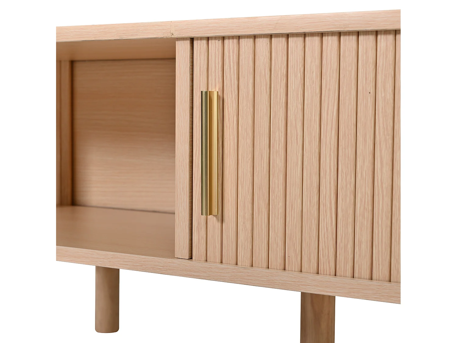 Natuurlijke salontafel met schuifdeuren en open planken
