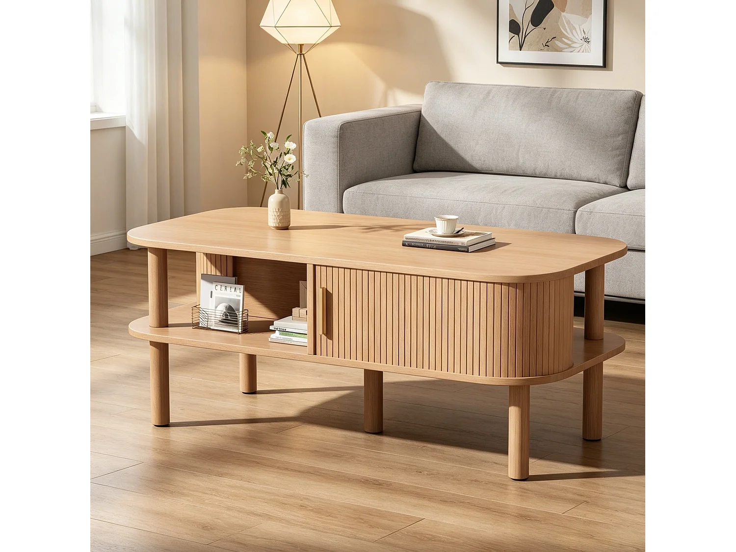Natuurlijke salontafel met schuifdeuren en open planken