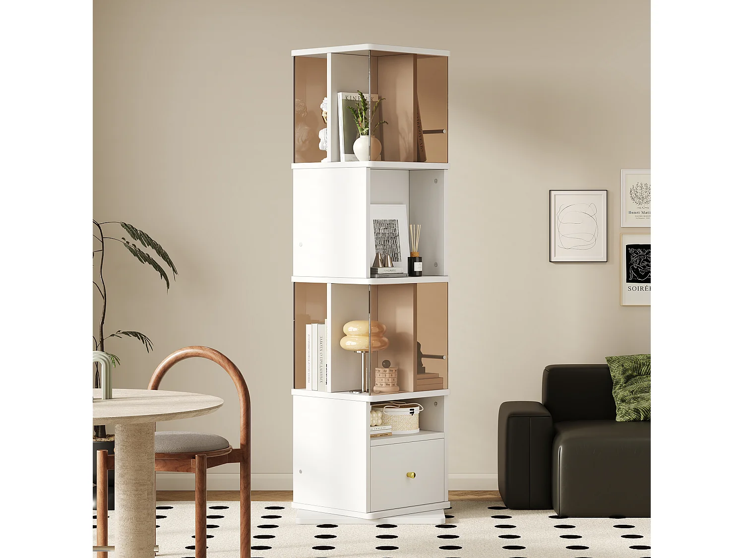 Vitrine pivotante 50x50x160 cm - Verre trempé brun - Avec 1 tiroir et étagères ouvertes - MDF - Blanc et marron