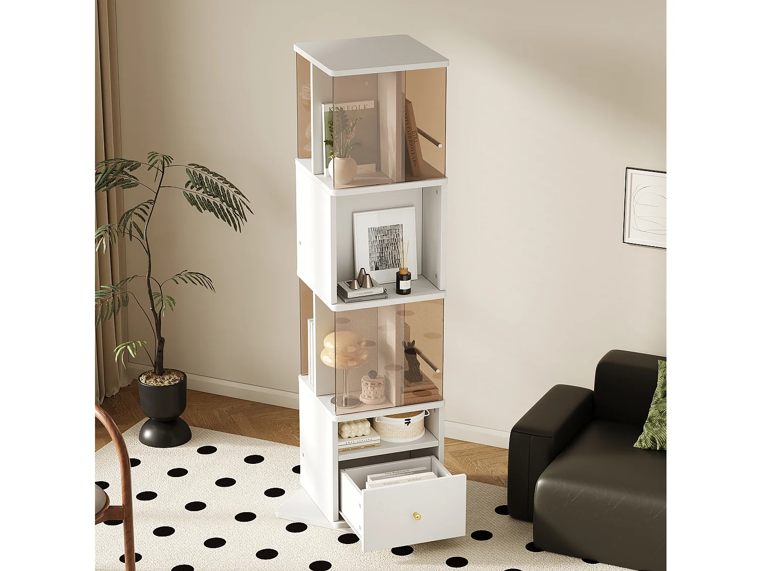 Vitrine pivotante 50x50x160 cm - Verre trempé brun - Avec 1 tiroir et étagères ouvertes - MDF - Blanc et marron