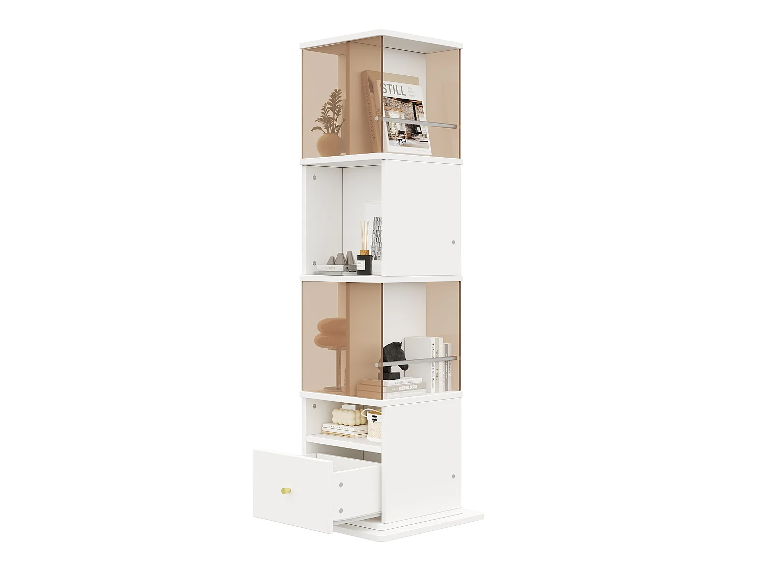 Vitrine pivotante 50x50x160 cm - Verre trempé brun - Avec 1 tiroir et étagères ouvertes - MDF - Blanc et marron