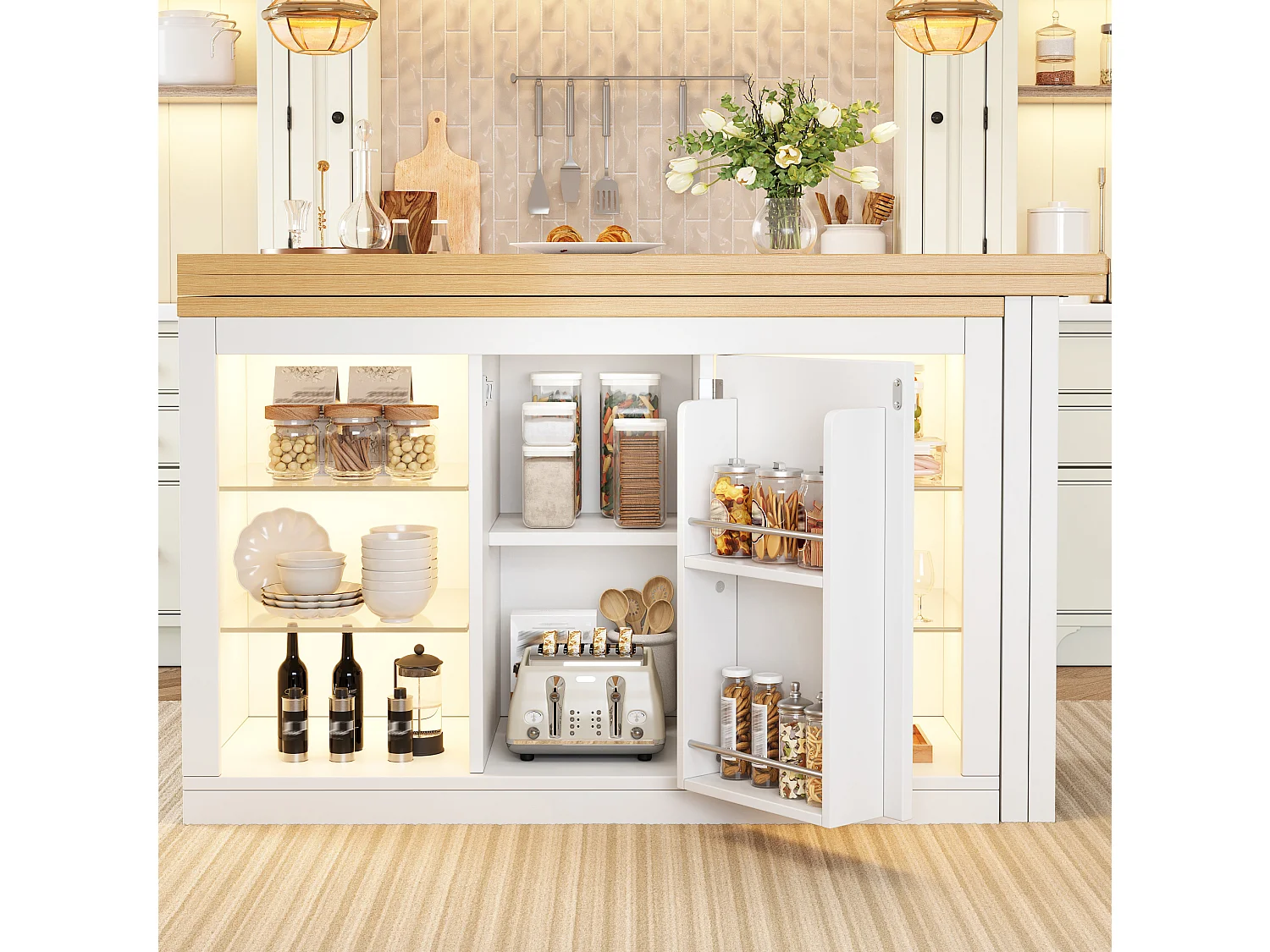 Bar giratório extensível de 120 a 197 cm com prateleiras, iluminação LED e porta - Branco