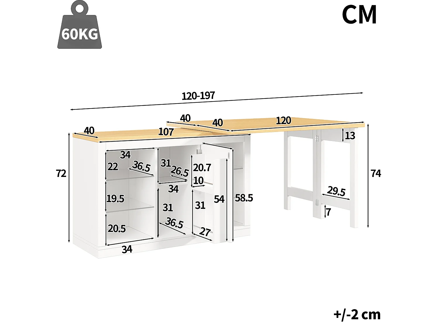Bar giratório extensível de 120 a 197 cm com prateleiras, iluminação LED e porta - Branco