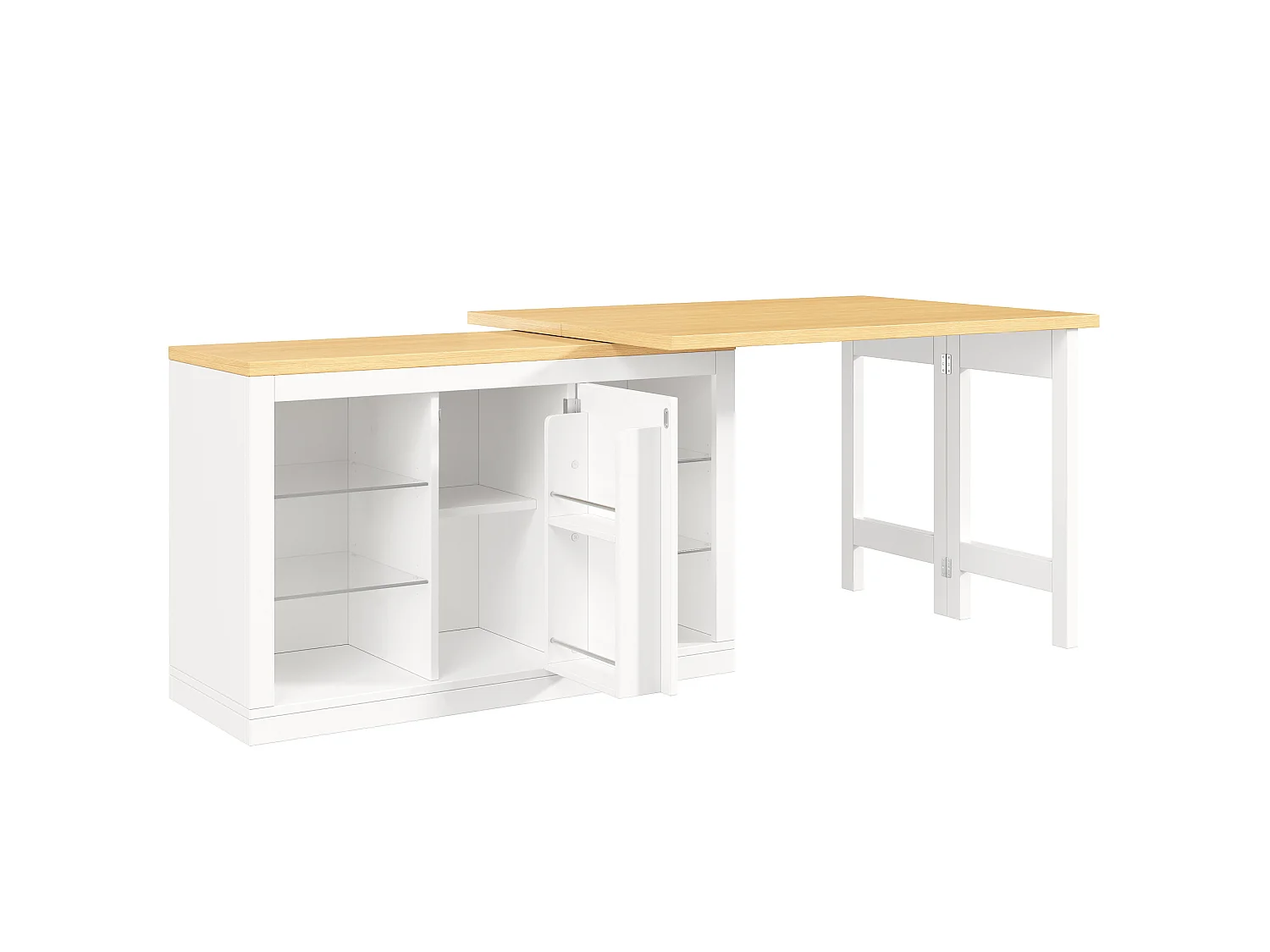 Bar giratório extensível de 120 a 197 cm com prateleiras, iluminação LED e porta - Branco