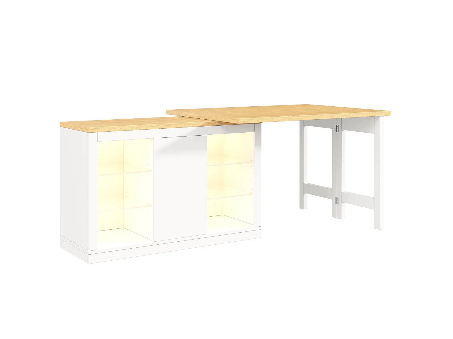 Bar giratório extensível de 120 a 197 cm com prateleiras, iluminação LED e porta - Branco