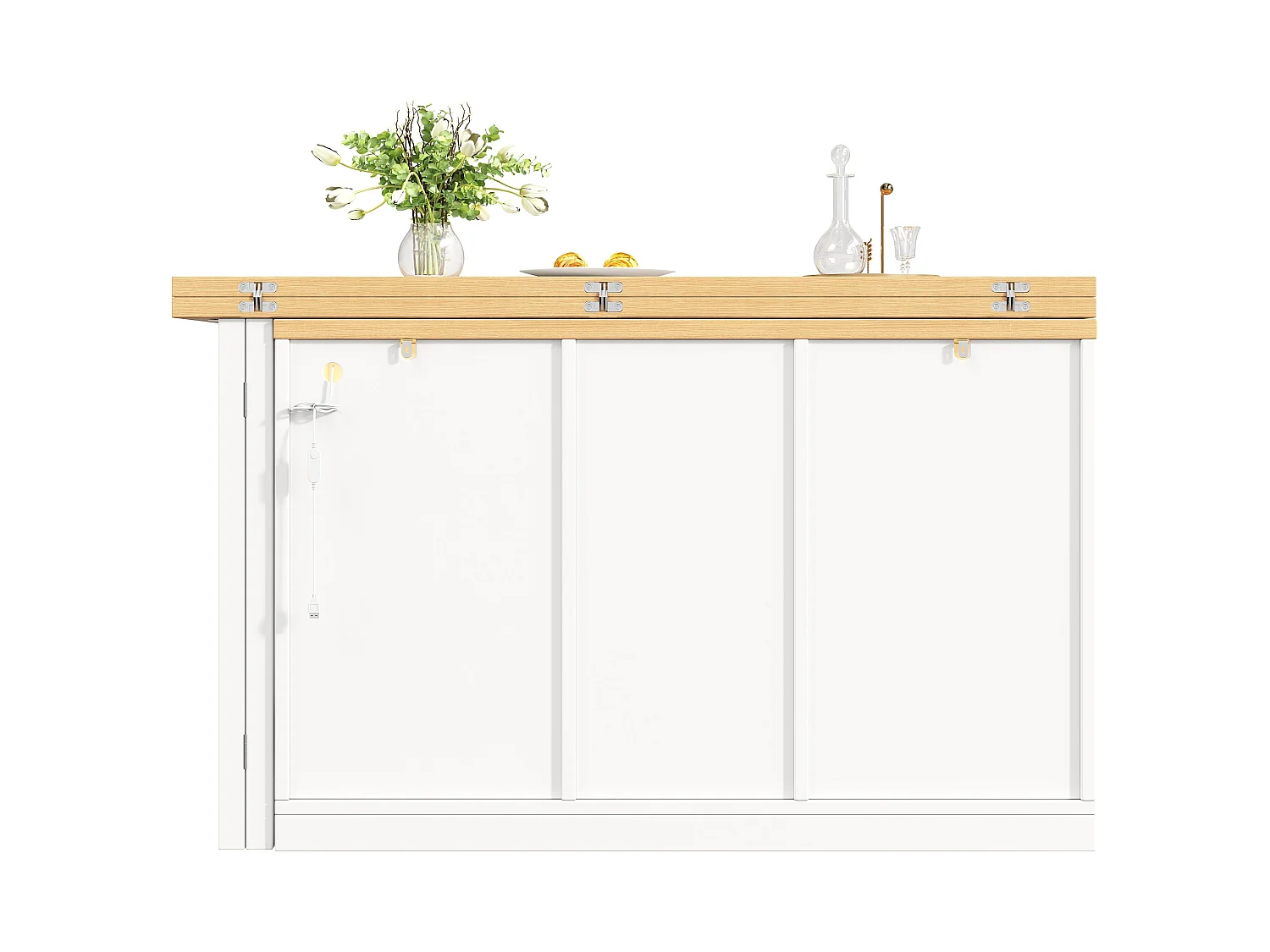 Bar giratório extensível de 120 a 197 cm com prateleiras, iluminação LED e porta - Branco