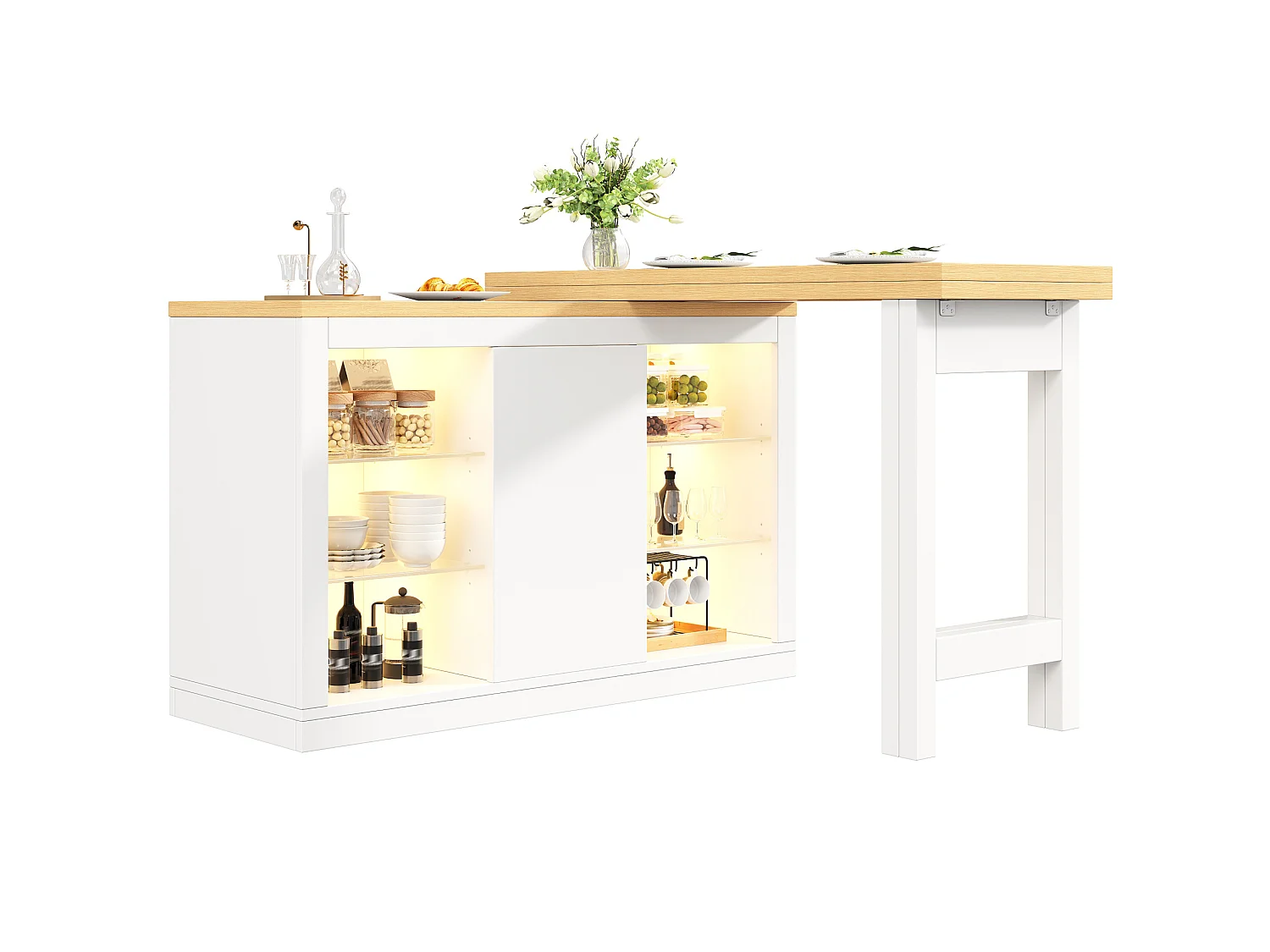 Bar giratório extensível de 120 a 197 cm com prateleiras, iluminação LED e porta - Branco