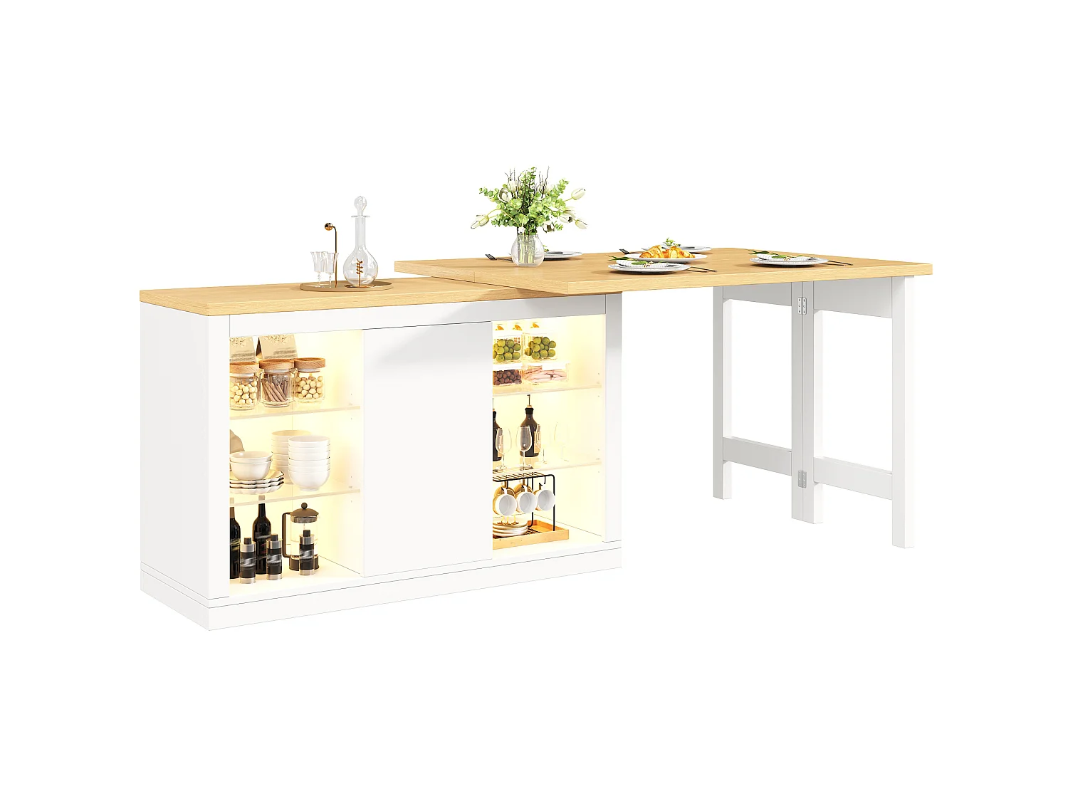 Bar giratório extensível de 120 a 197 cm com prateleiras, iluminação LED e porta - Branco