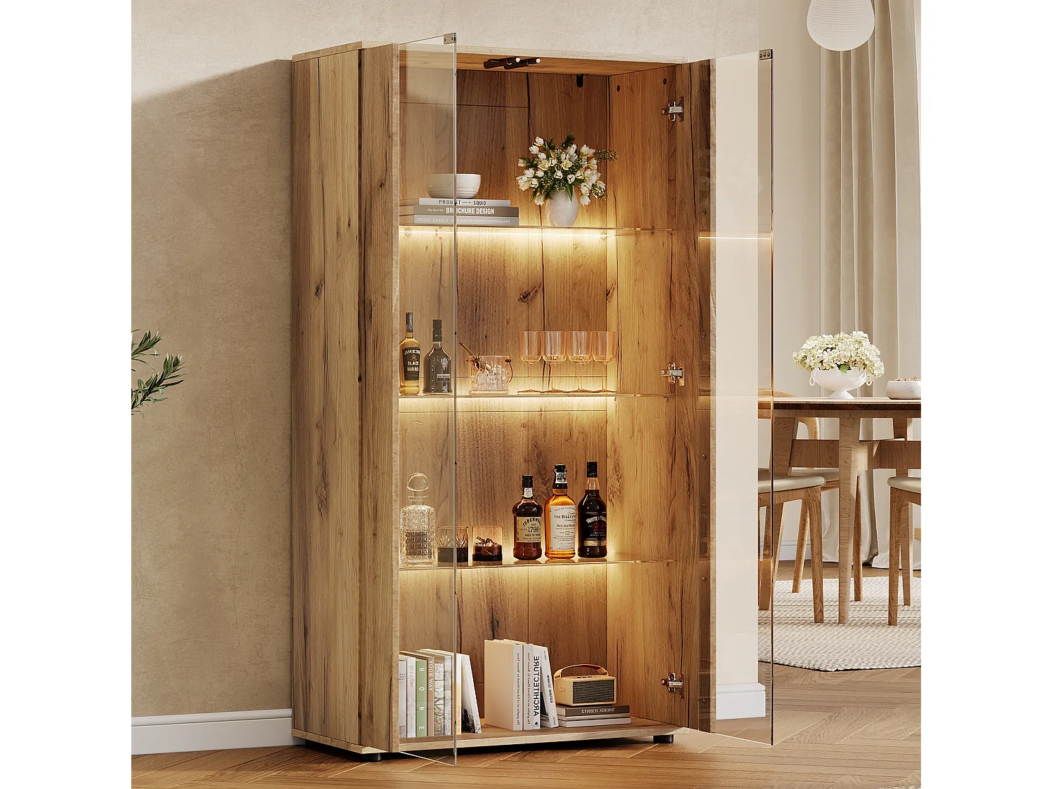 Vitrine 80x36x150cm - avec 2 portes vitrées et 4 étagères - lumières LED à intensité variable - Naturel