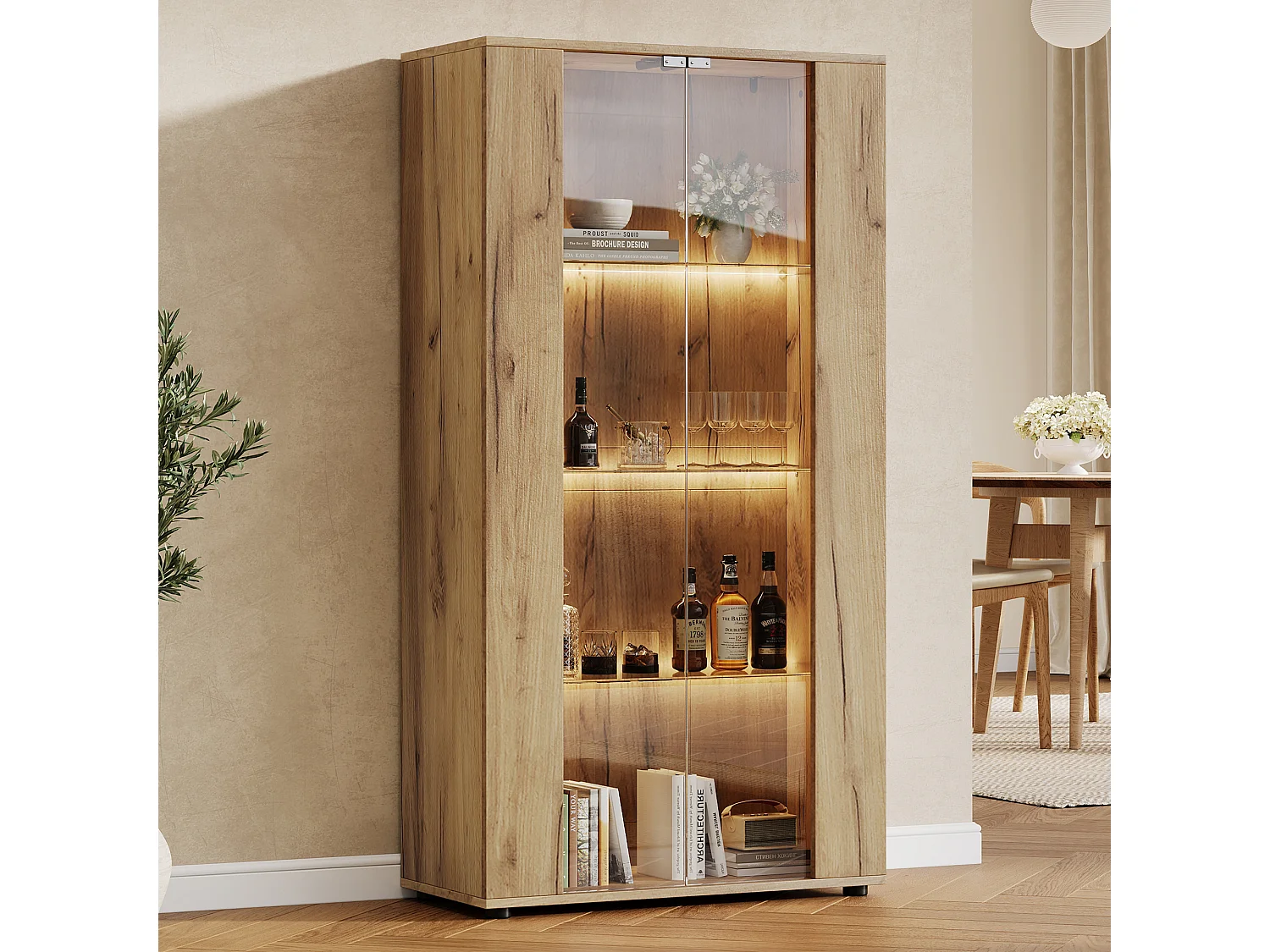 Vitrine 80x36x150cm - avec 2 portes vitrées et 4 étagères - lumières LED à intensité variable - Naturel