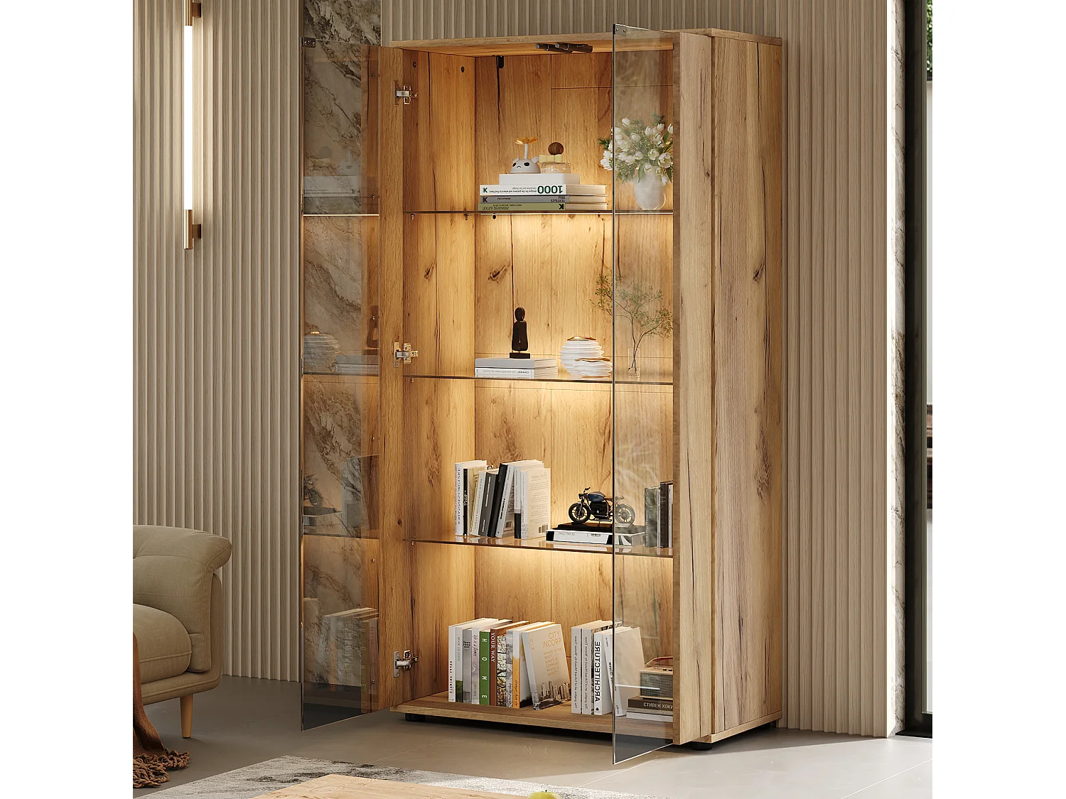 Vitrine 80x36x150cm - avec 2 portes vitrées et 4 étagères - lumières LED à intensité variable - Naturel
