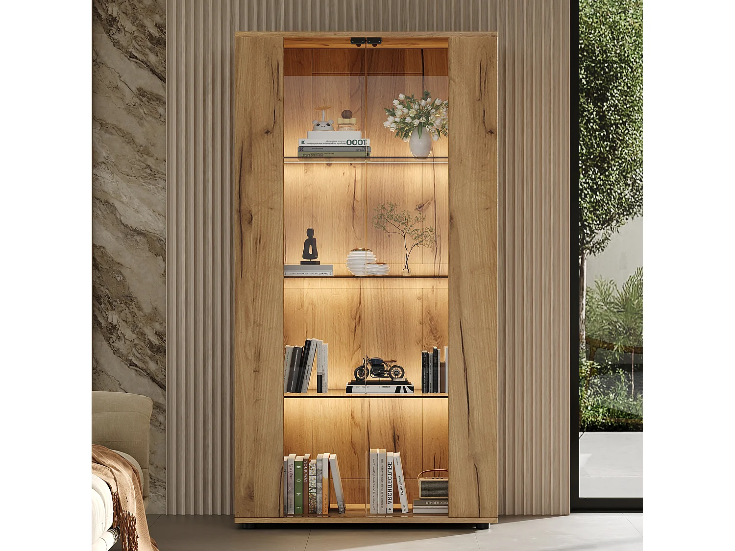 Vitrine 80x36x150cm - avec 2 portes vitrées et 4 étagères - lumières LED à intensité variable - Naturel
