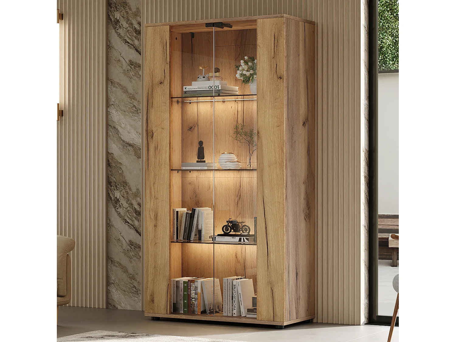 Vitrine 80x36x150cm - avec 2 portes vitrées et 4 étagères - lumières LED à intensité variable - Naturel