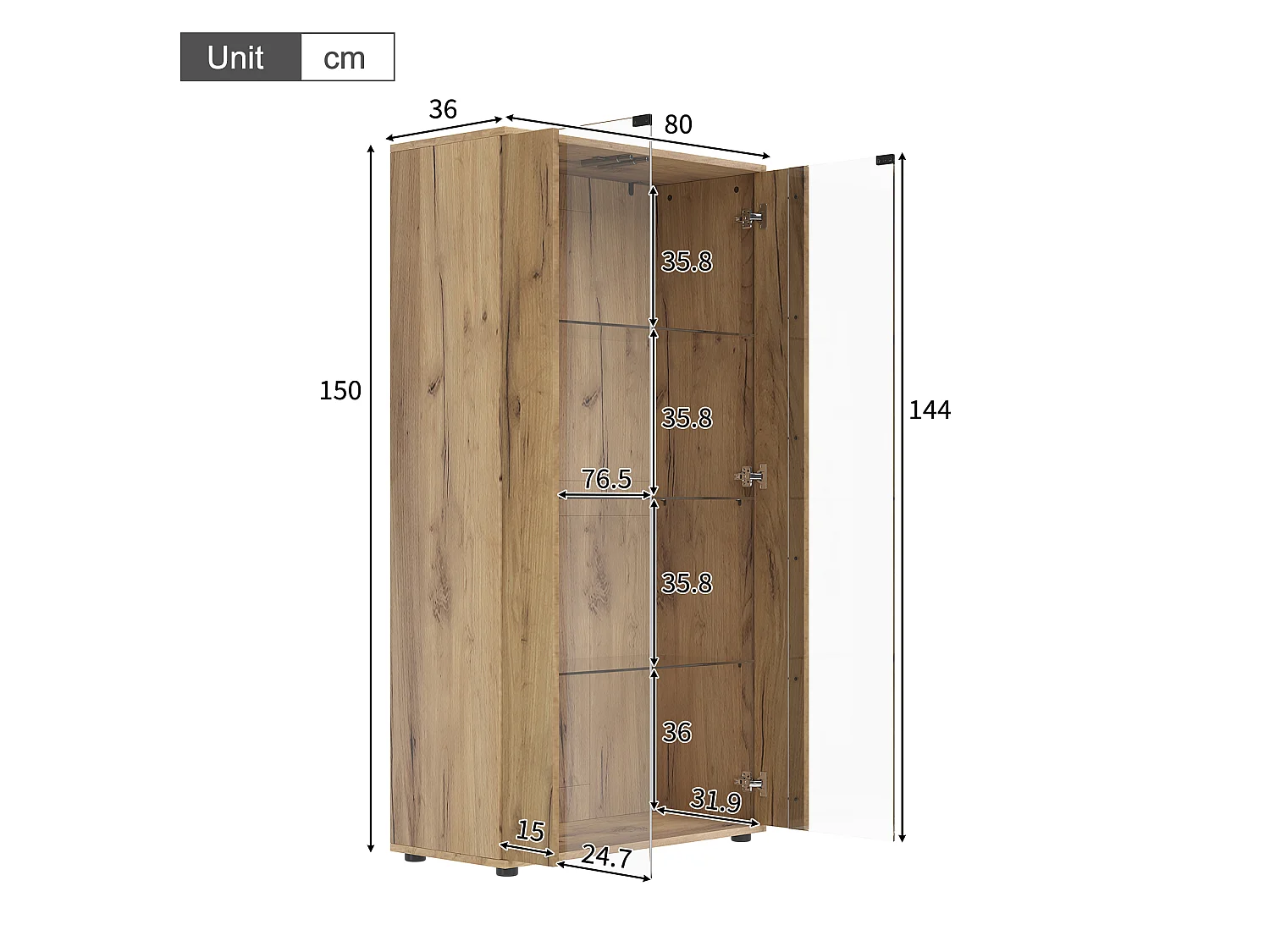 Vitrine 80x36x150cm - avec 2 portes vitrées et 4 étagères - lumières LED à intensité variable - Naturel