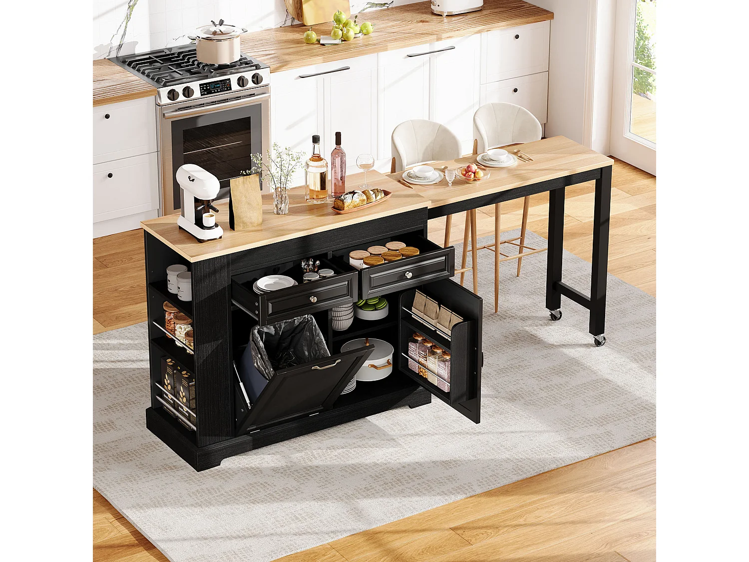 Uitschuifbaar keukeneiland 112-180 × 45 cm met afvalbak en 2 lades - Zwart