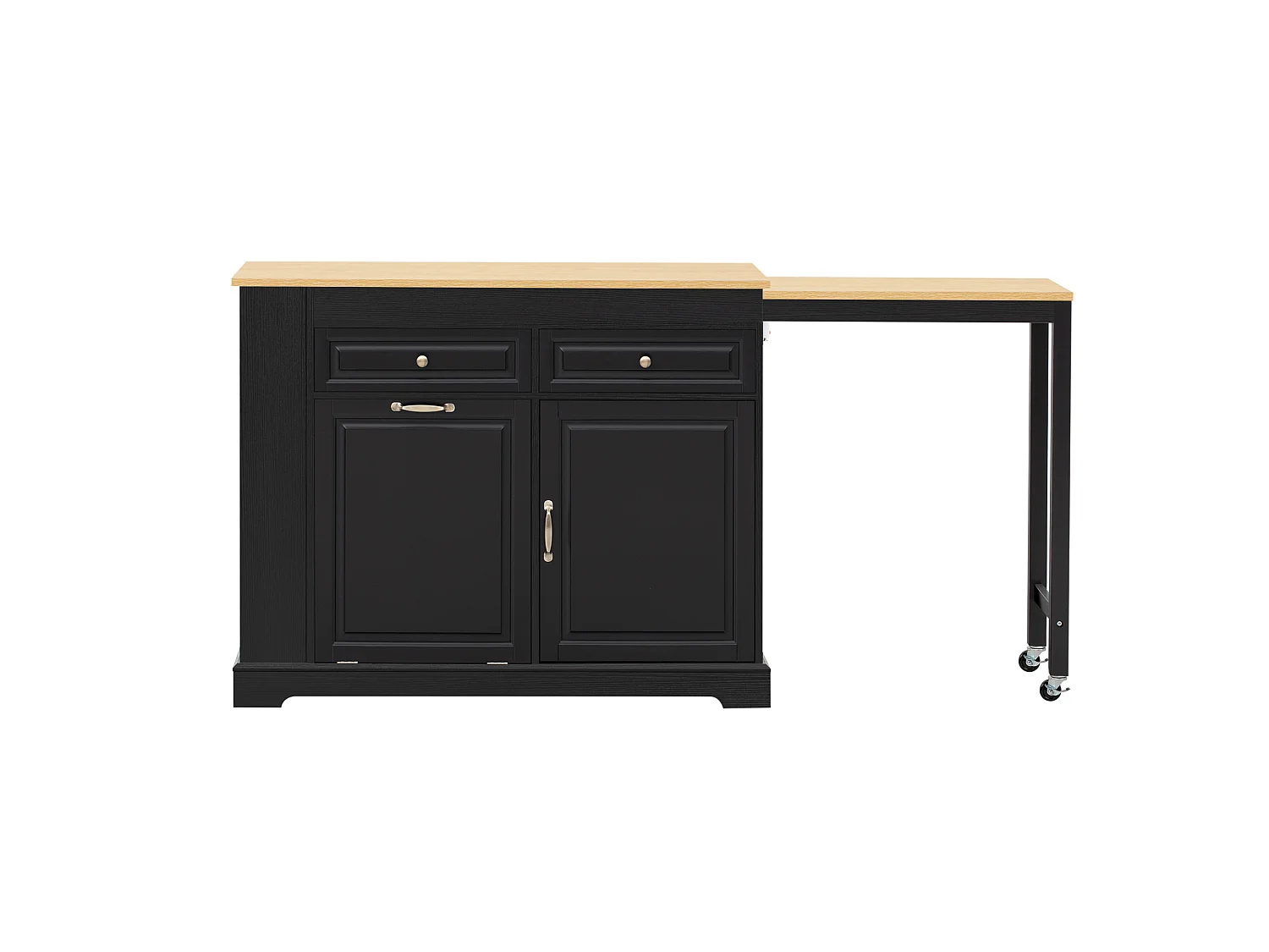 Uitschuifbaar keukeneiland 112-180 × 45 cm met afvalbak en 2 lades - Zwart