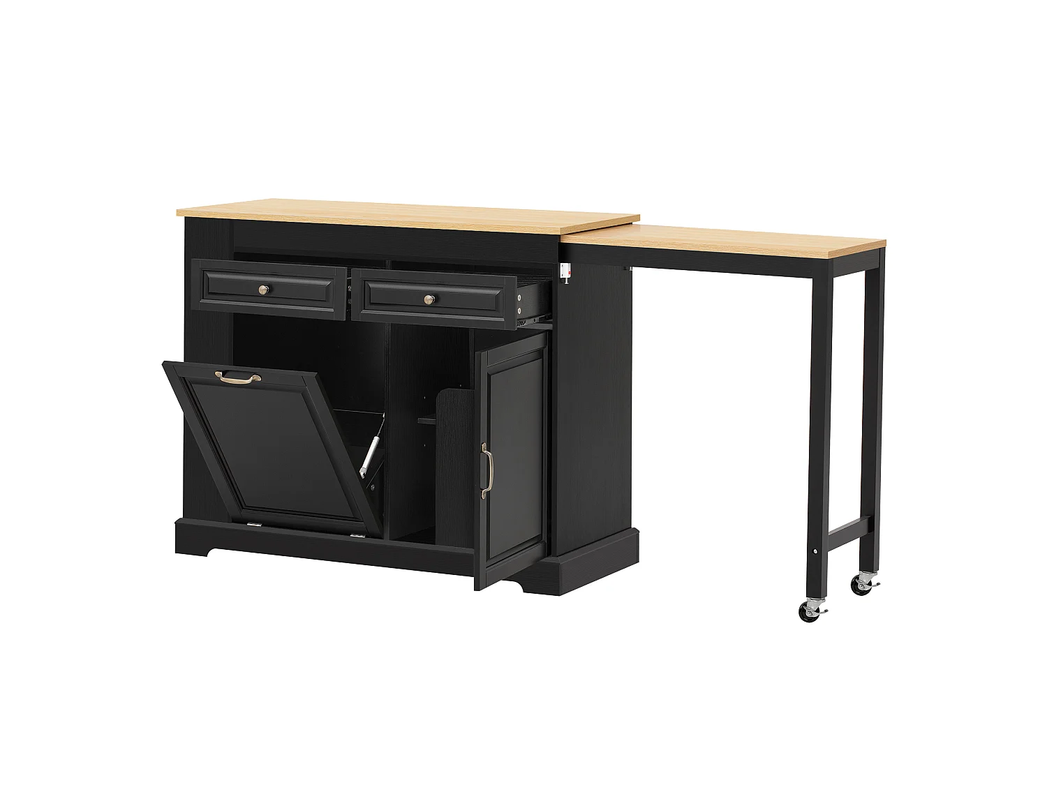 Uitschuifbaar keukeneiland 112-180 × 45 cm met afvalbak en 2 lades - Zwart