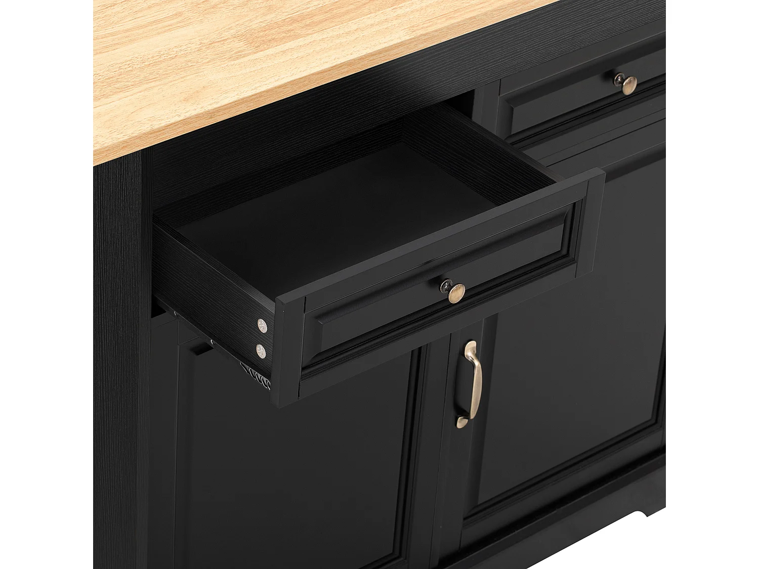 Uitschuifbaar keukeneiland 112-180 × 45 cm met afvalbak en 2 lades - Zwart