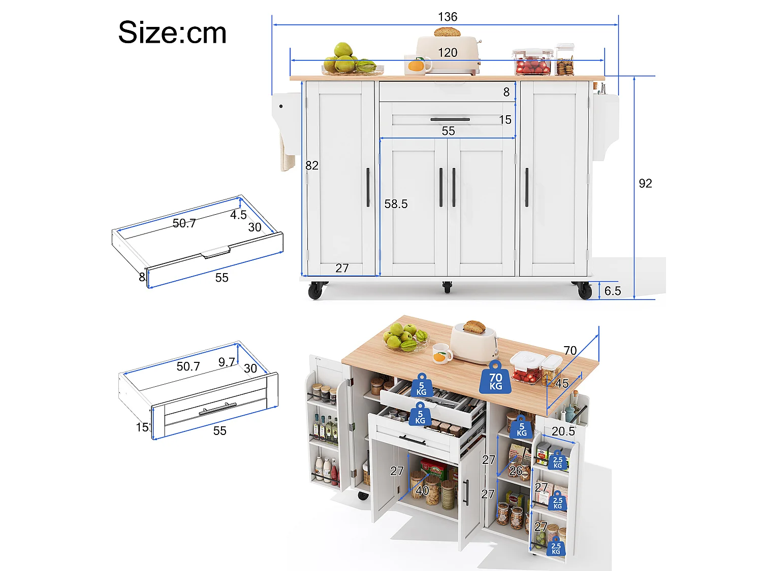 Verrijdbaar keukeneiland 136 x 45 (70) cm met handdoekrek, 4 deuren en 2 lades - Wit