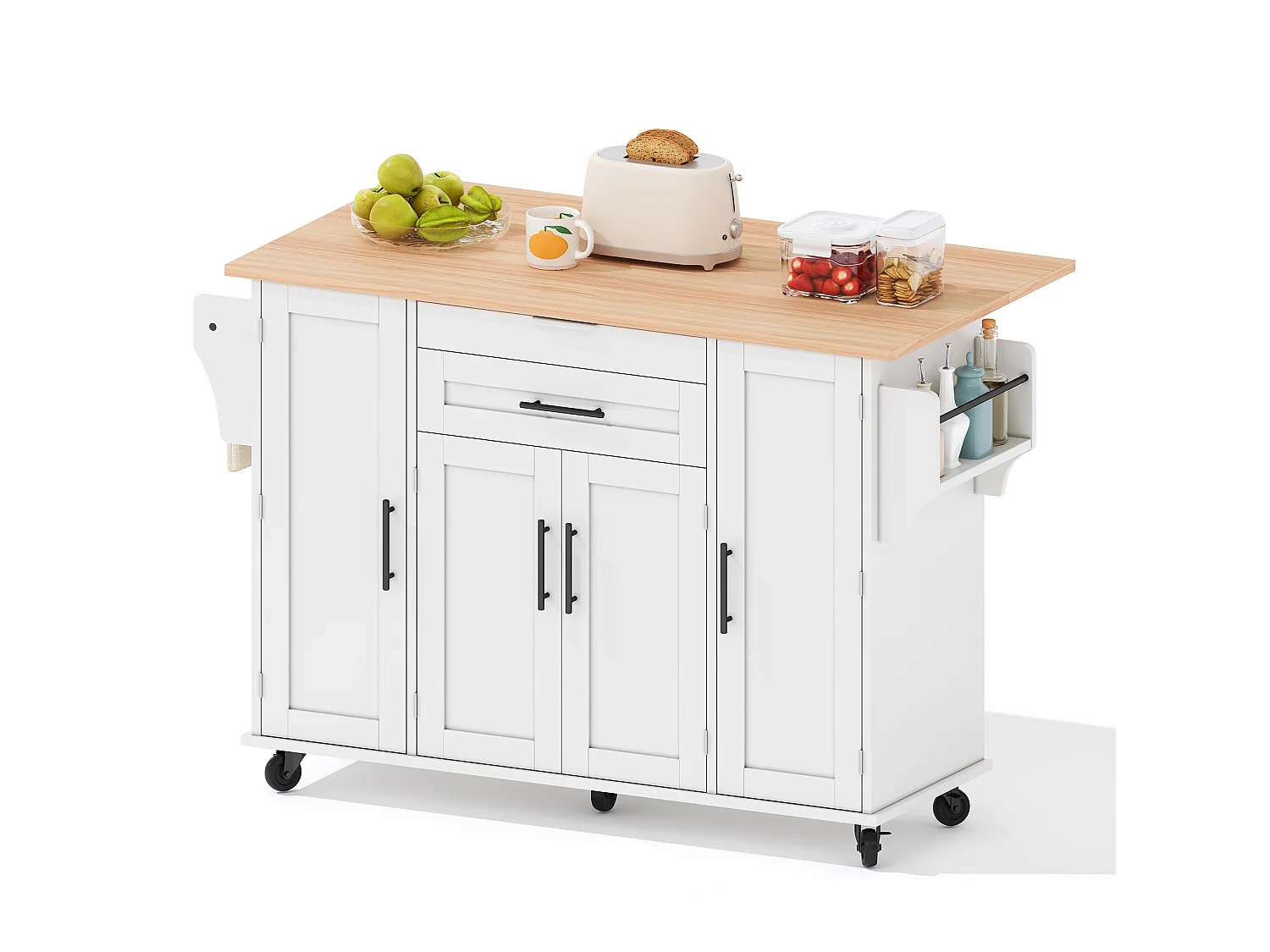 Verrijdbaar keukeneiland 136 x 45 (70) cm met handdoekrek, 4 deuren en 2 lades - Wit