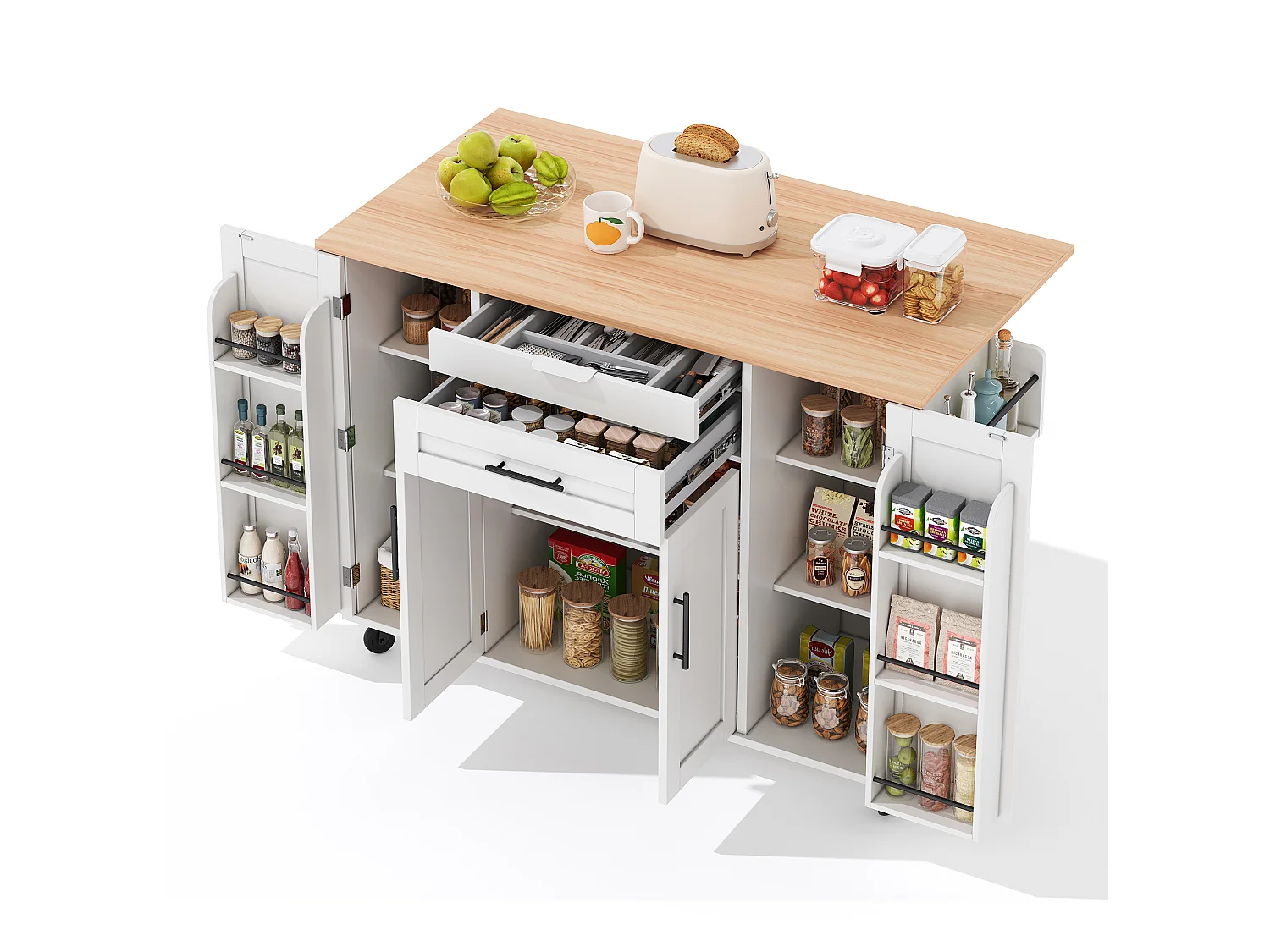 Verrijdbaar keukeneiland 136 x 45 (70) cm met handdoekrek, 4 deuren en 2 lades - Wit