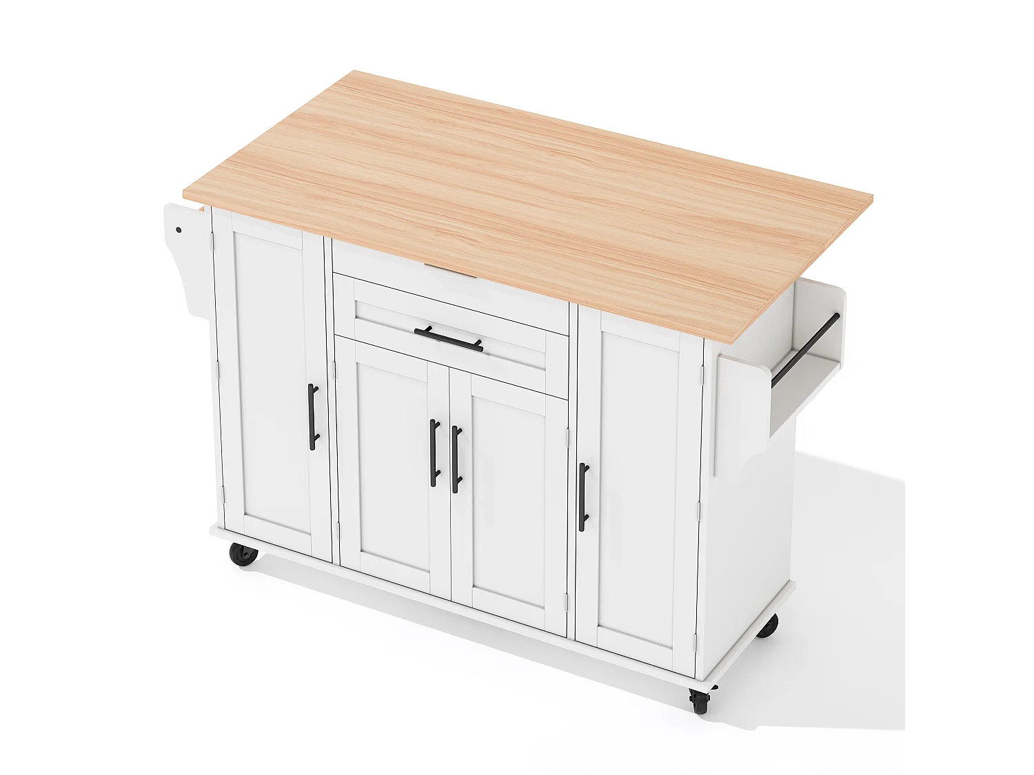 Verrijdbaar keukeneiland 136 x 45 (70) cm met handdoekrek, 4 deuren en 2 lades - Wit