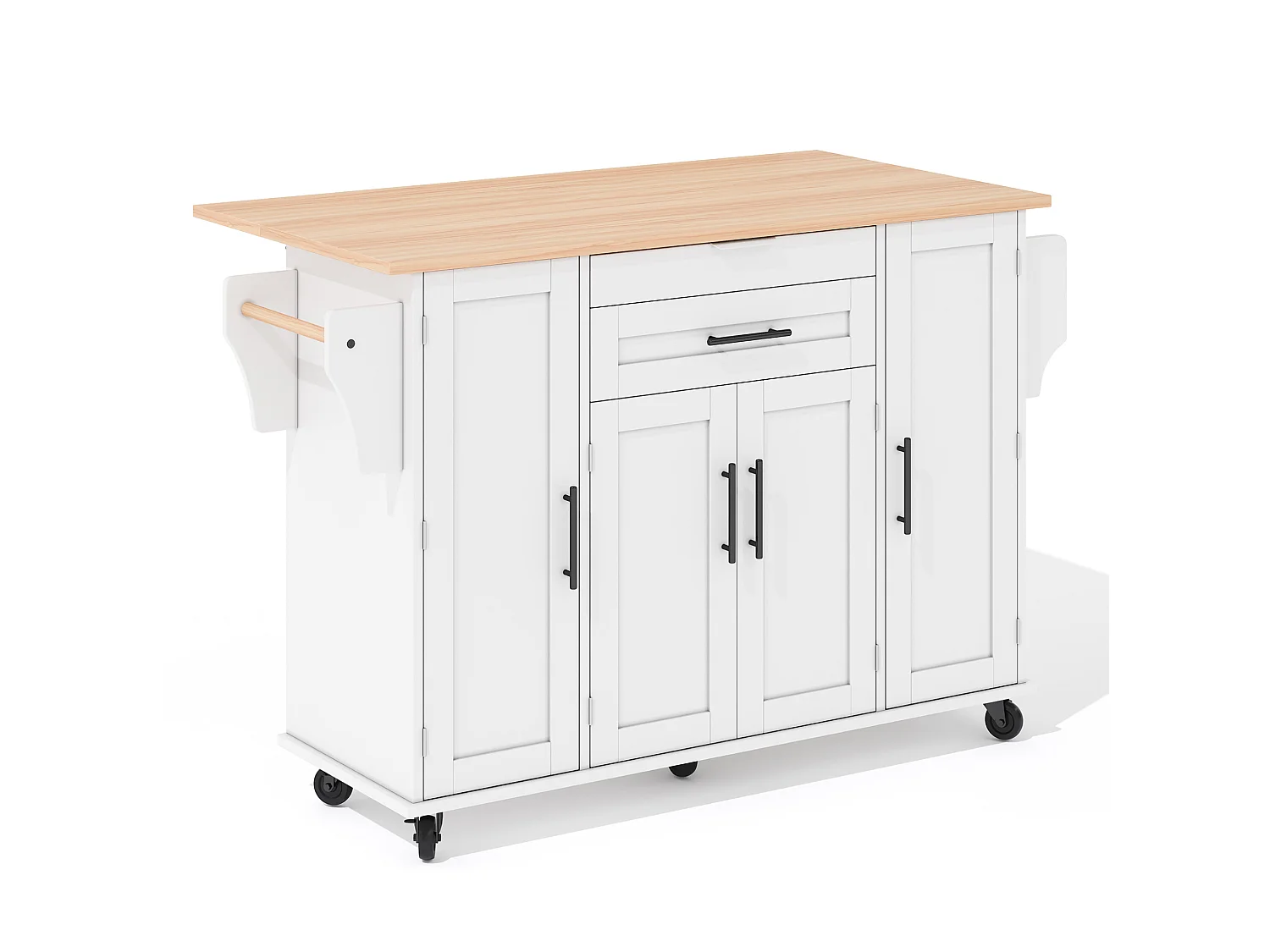 Verrijdbaar keukeneiland 136 x 45 (70) cm met handdoekrek, 4 deuren en 2 lades - Wit