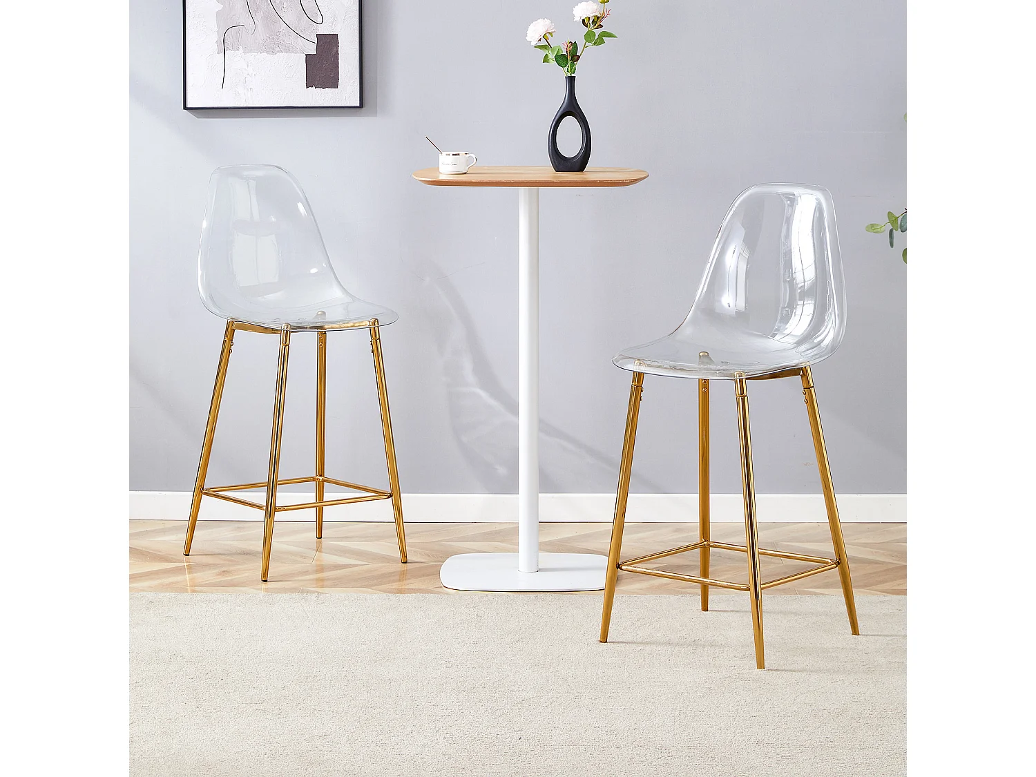 Lot de 2 tabourets de bar transparents avec structure métallique dorée