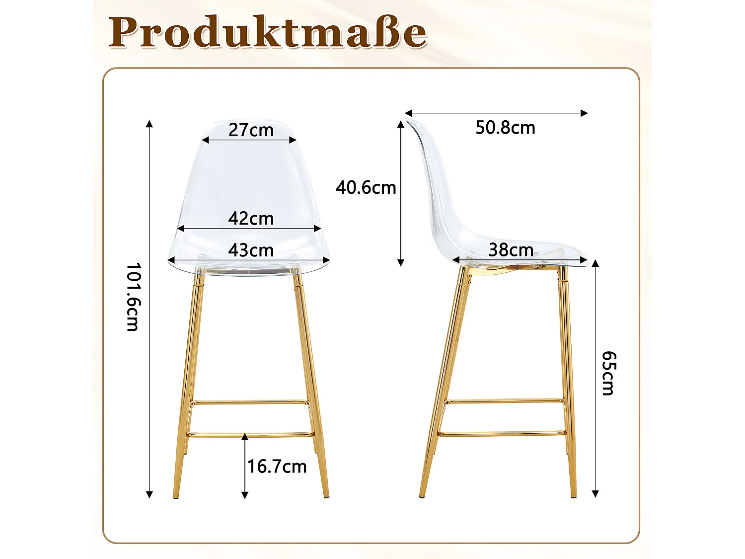 Lot de 2 tabourets de bar transparents avec structure métallique dorée