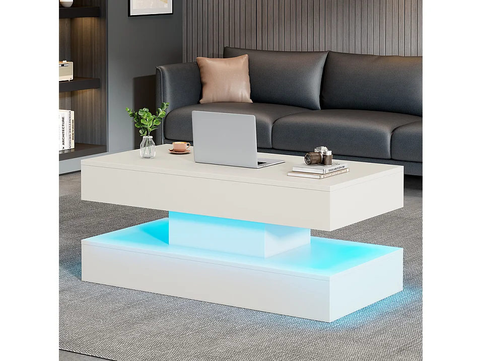 Table basse relevable avec prise, LED et rangement caché - Blanc