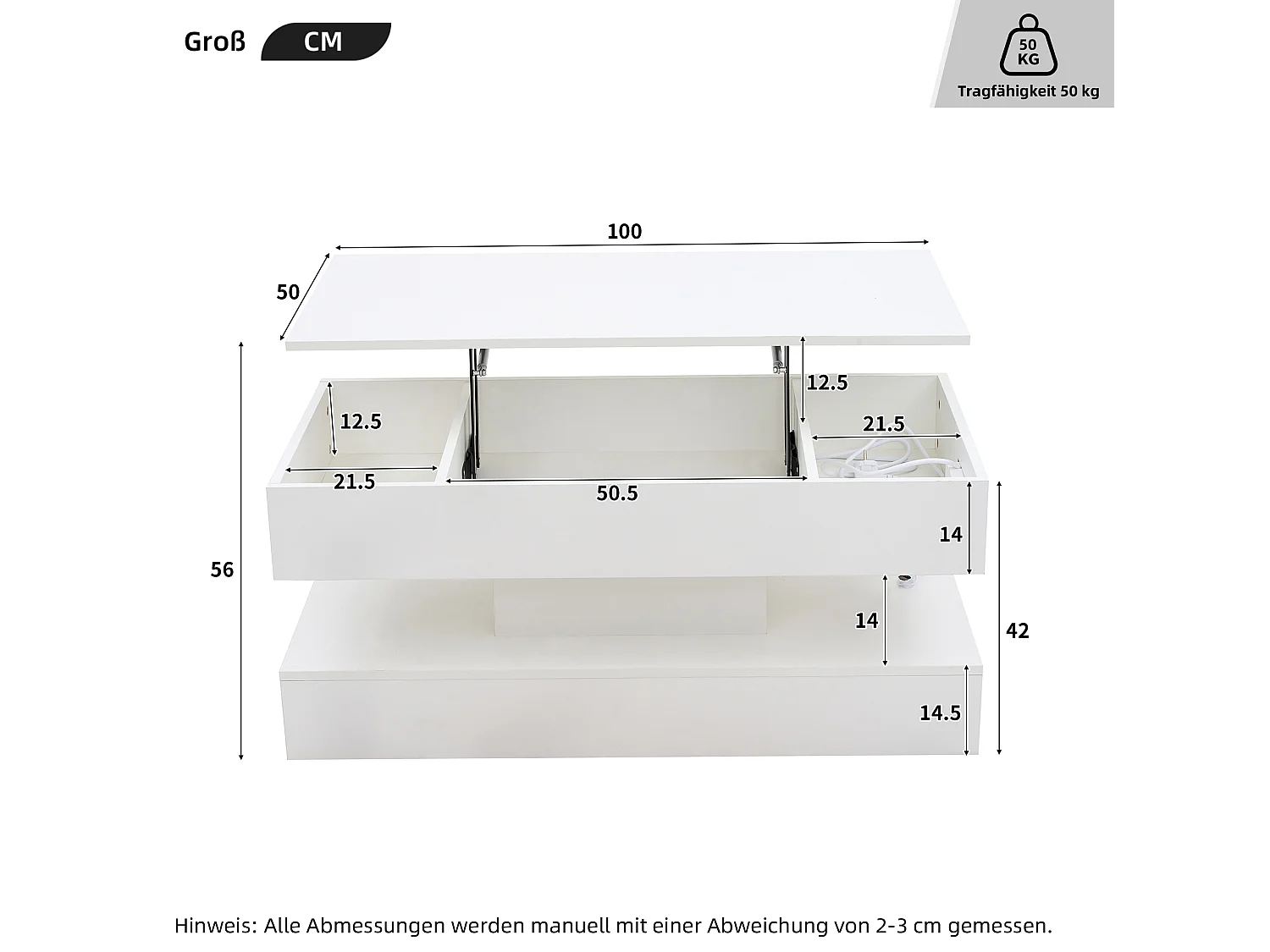 Table basse relevable avec prise, LED et rangement caché - Blanc
