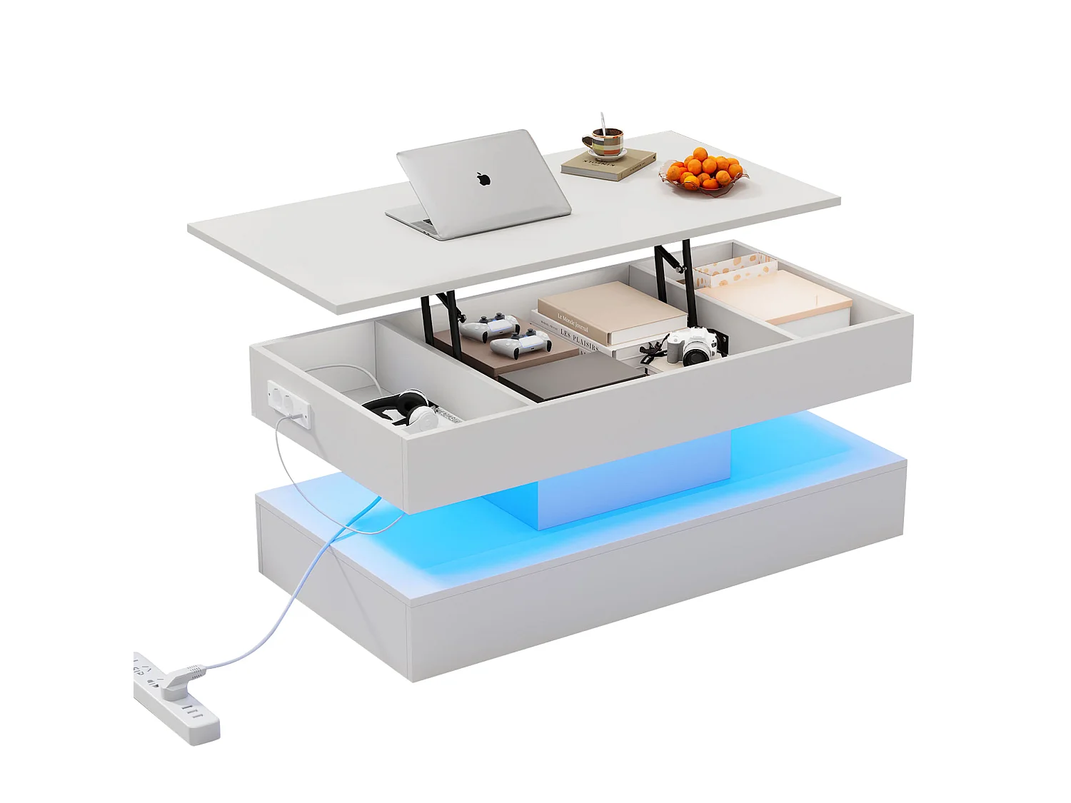 Table basse relevable avec prise, LED et rangement caché - Blanc