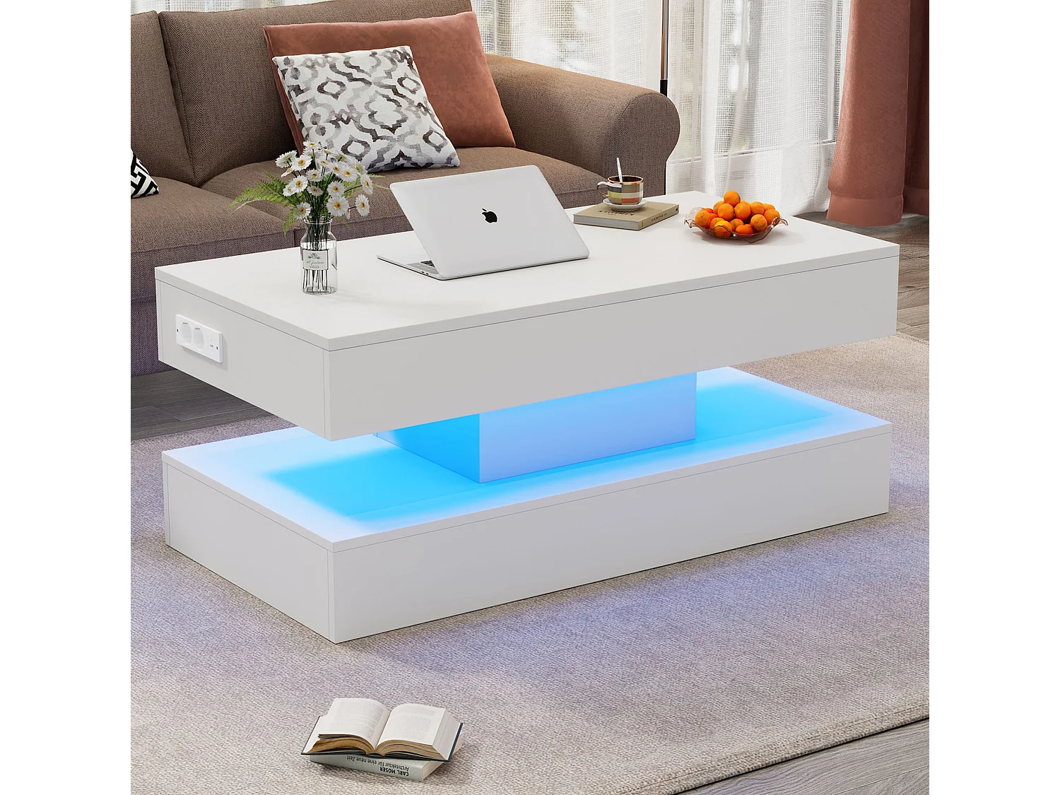 Table basse relevable avec prise, LED et rangement caché - Blanc
