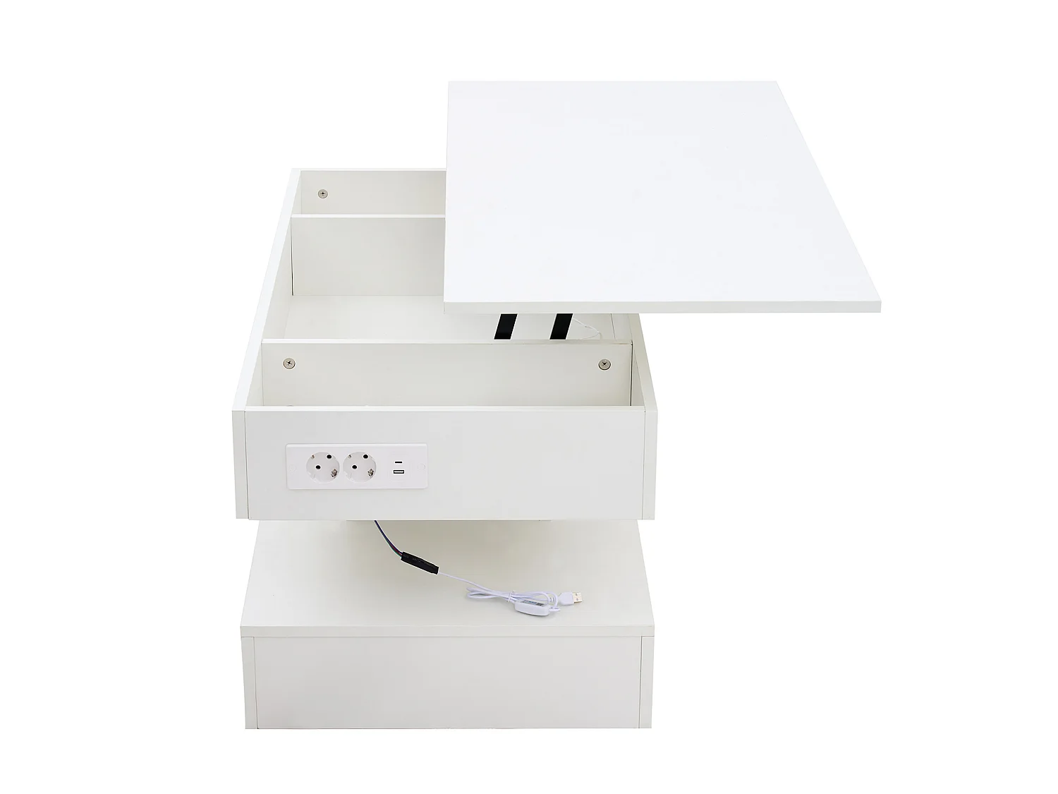Table basse relevable avec prise, LED et rangement caché - Blanc