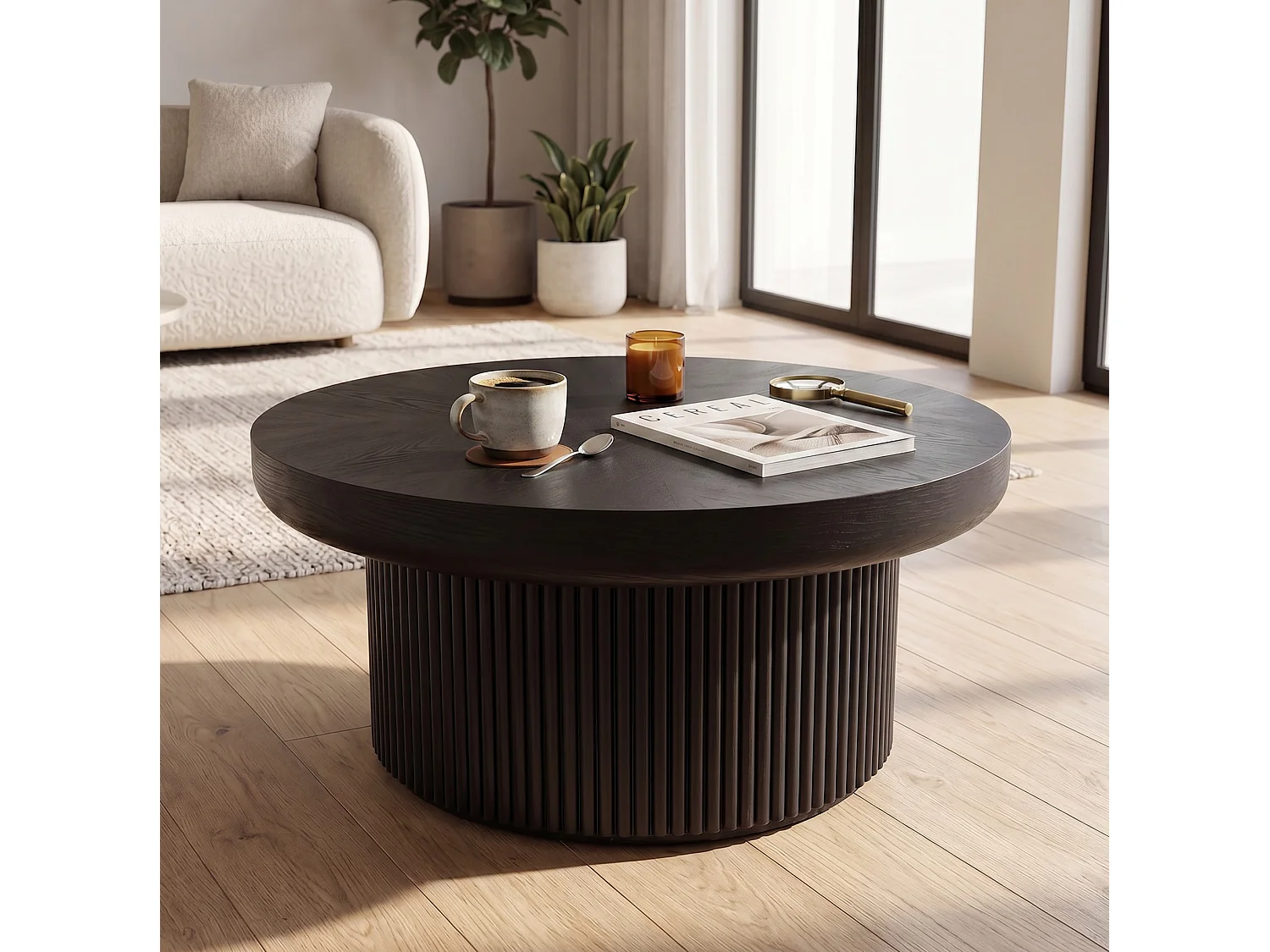 Table basse ronde 78 cm avec plateau épais et base cannelée - Noir