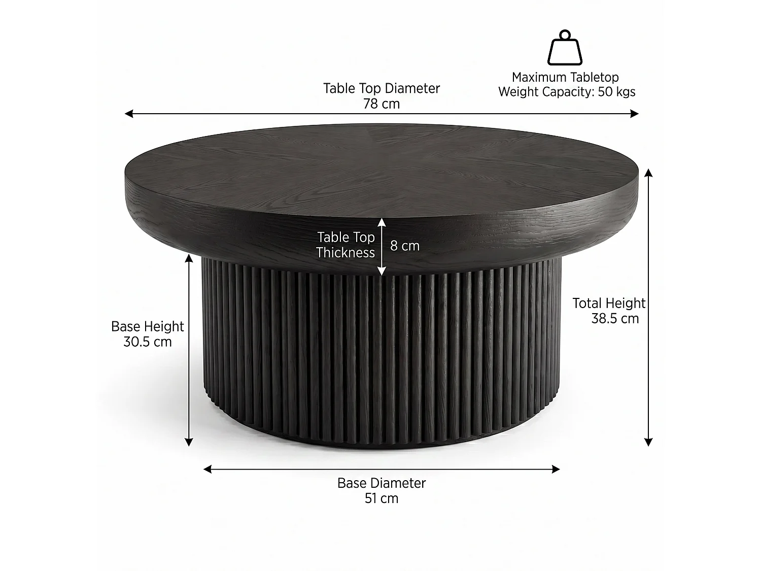 Table basse ronde 78 cm avec plateau épais et base cannelée - Noir