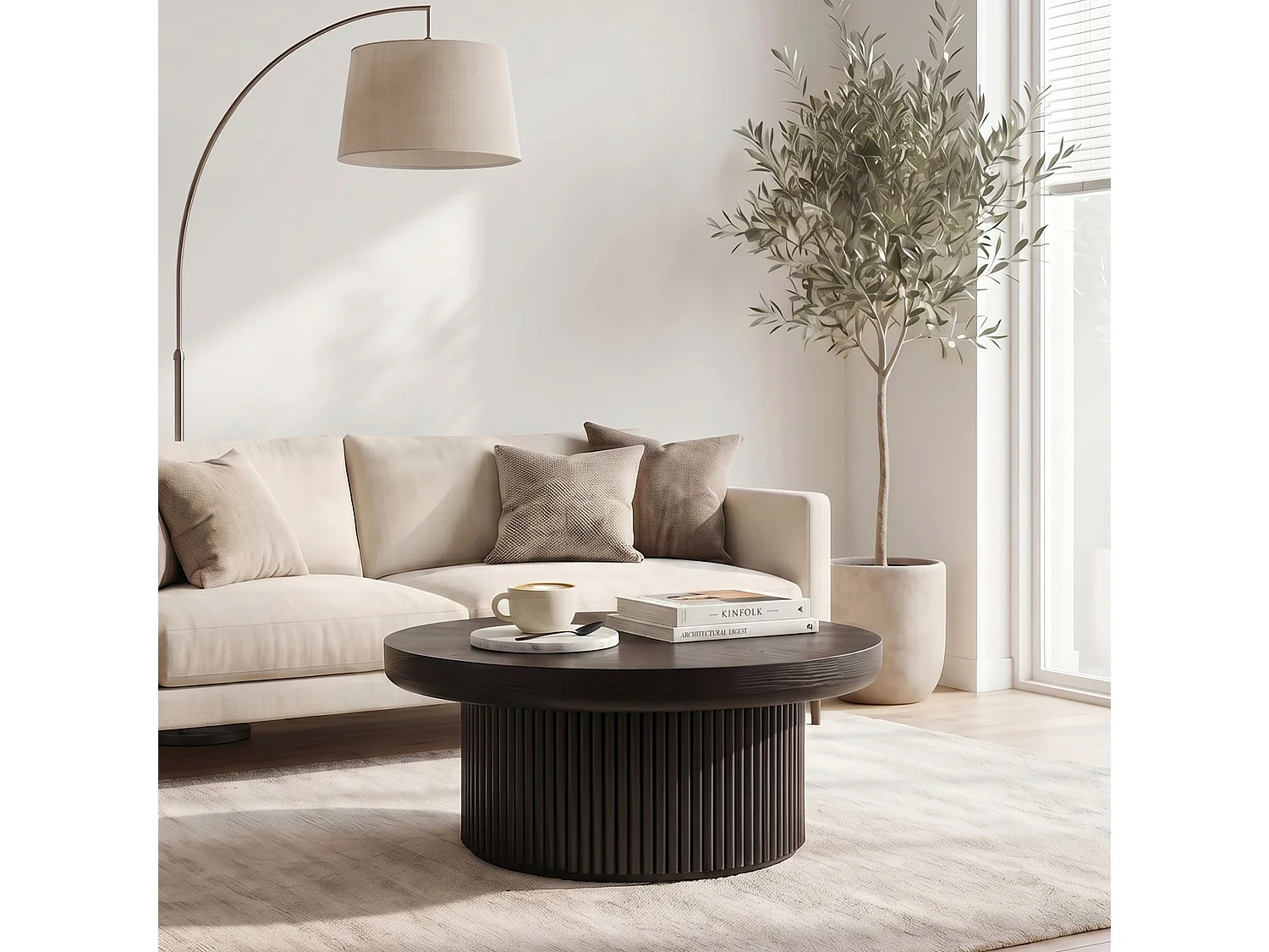 Table basse ronde 78 cm avec plateau épais et base cannelée - Noir
