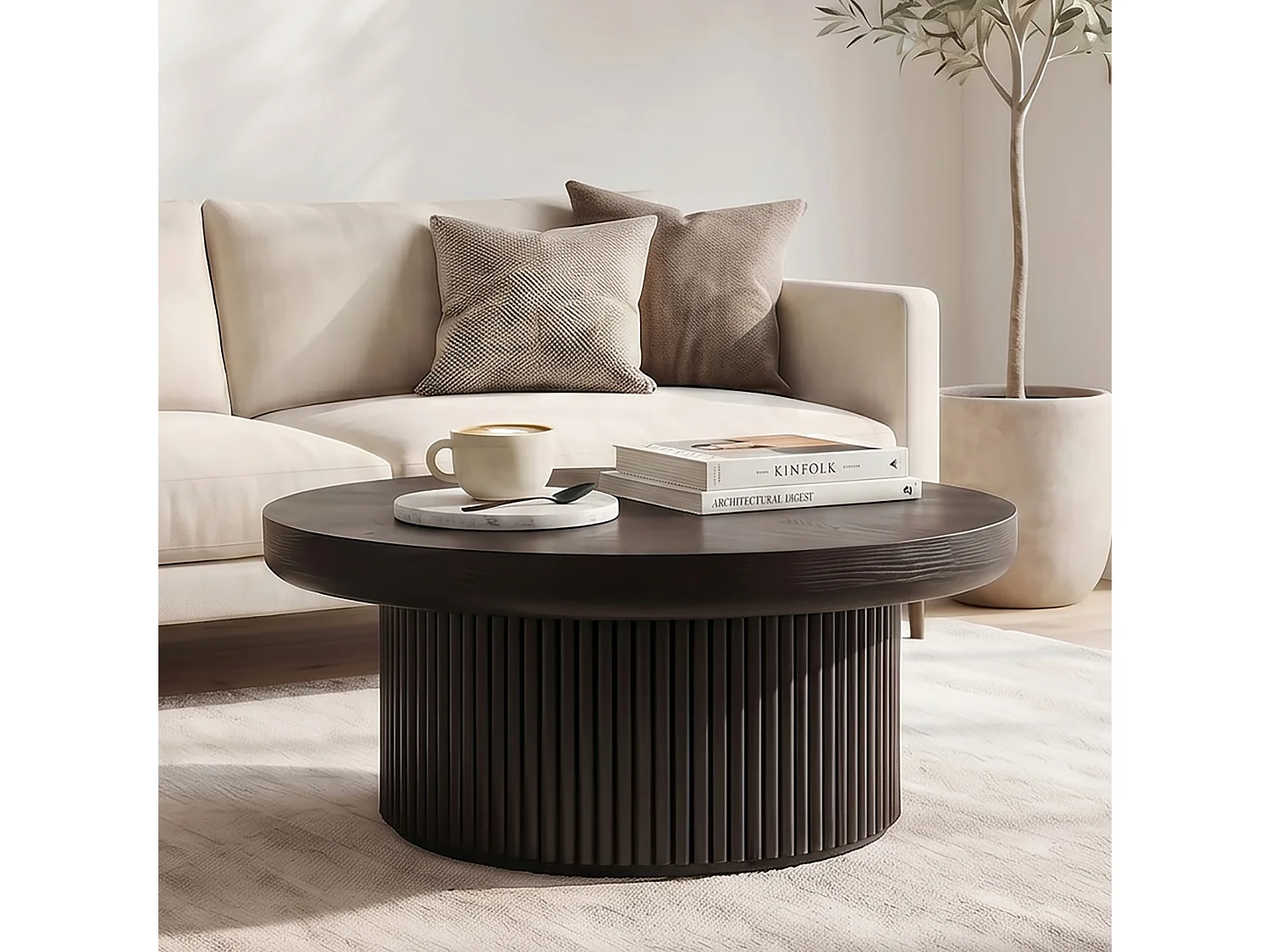 Table basse ronde 78 cm avec plateau épais et base cannelée - Noir