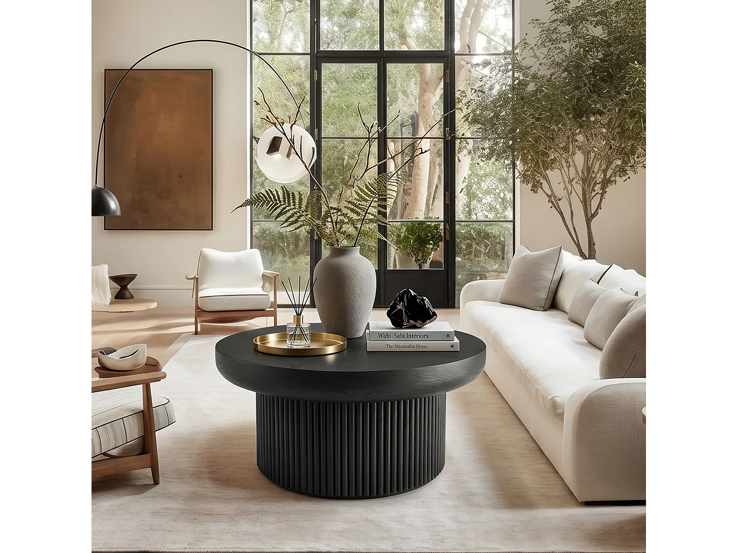 Table basse ronde 78 cm avec plateau épais et base cannelée - Noir