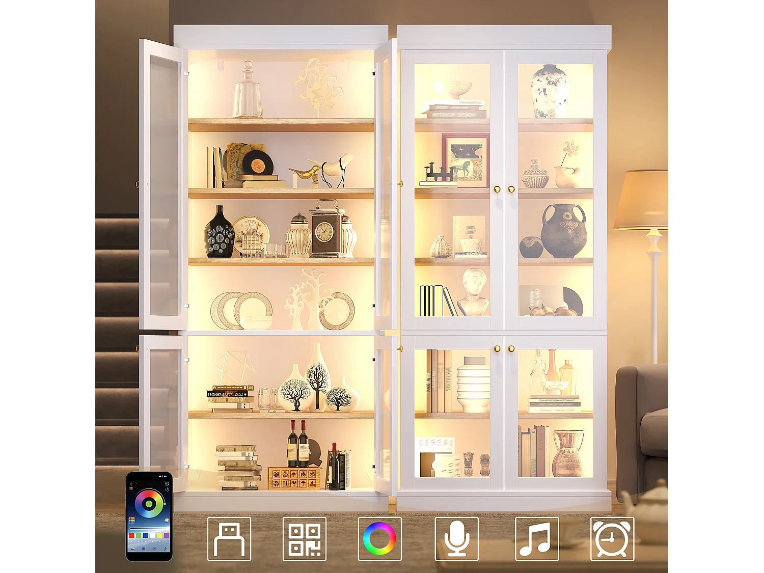 Zestaw 2 wysokich szaf 180cm - witryny z bocznym oświetleniem LED RGB, regulowanymi półkami, zabezpieczeniem przed przewróceniem, nowoczesny design - Biały